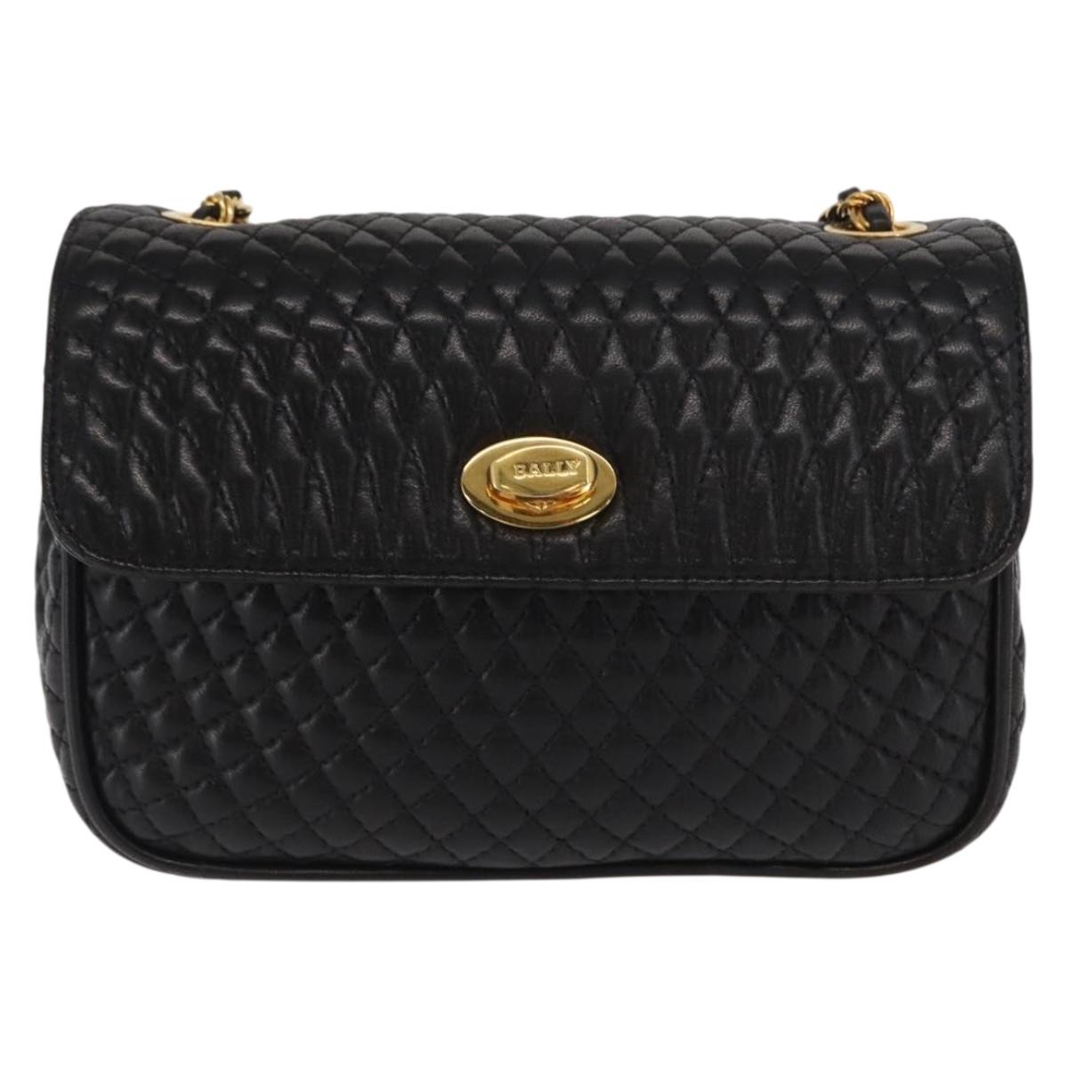 BALLY Chain Shoulder Bag Leather Black Gold Auth 160874