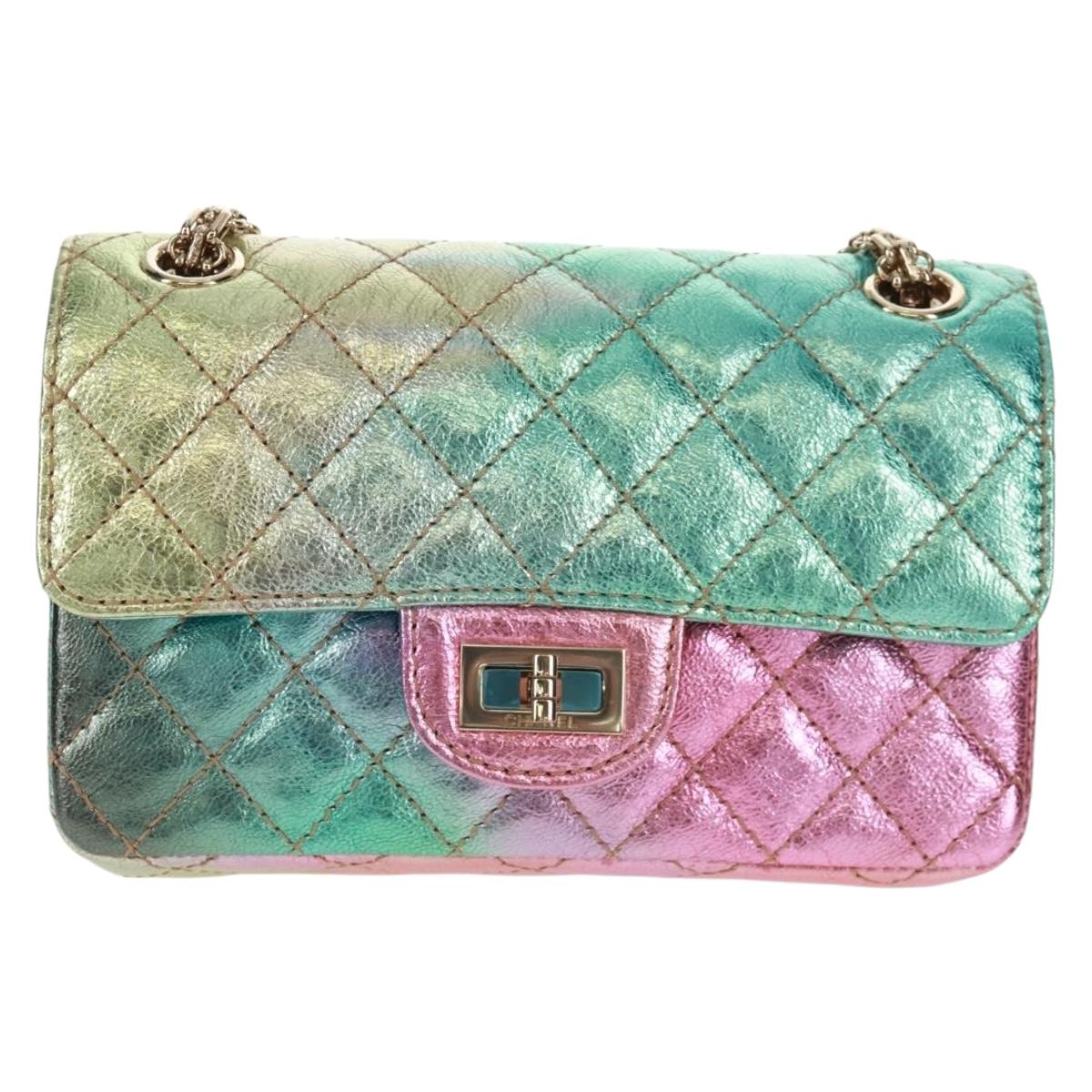 CHANEL 2.55 Matelasse 20 Chain Bag Leather Multicolor Gold CC Auth 160885SAM