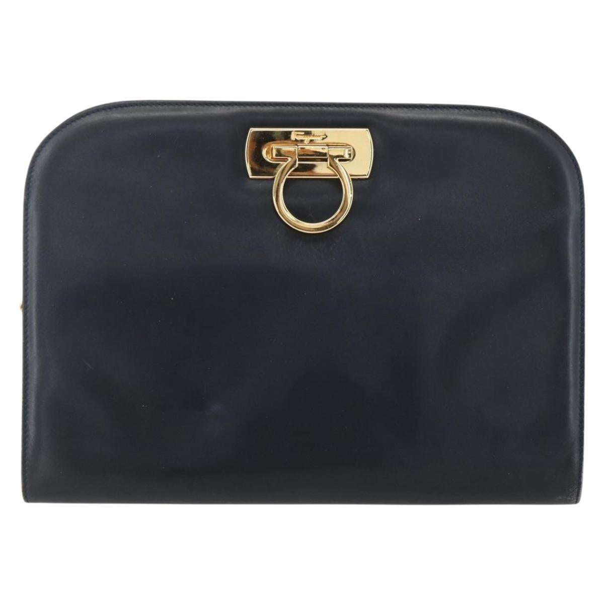 Salvatore Ferragamo Gancini Chain Shoulder Bag Leather Navy Gold Auth 160932