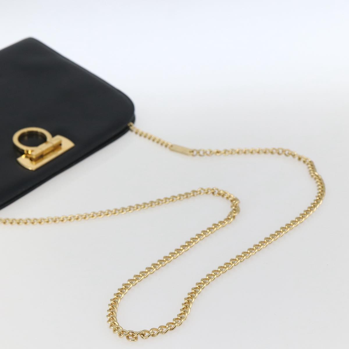 Salvatore Ferragamo Gancini Chain Shoulder Bag Leather Navy Gold Auth 160932