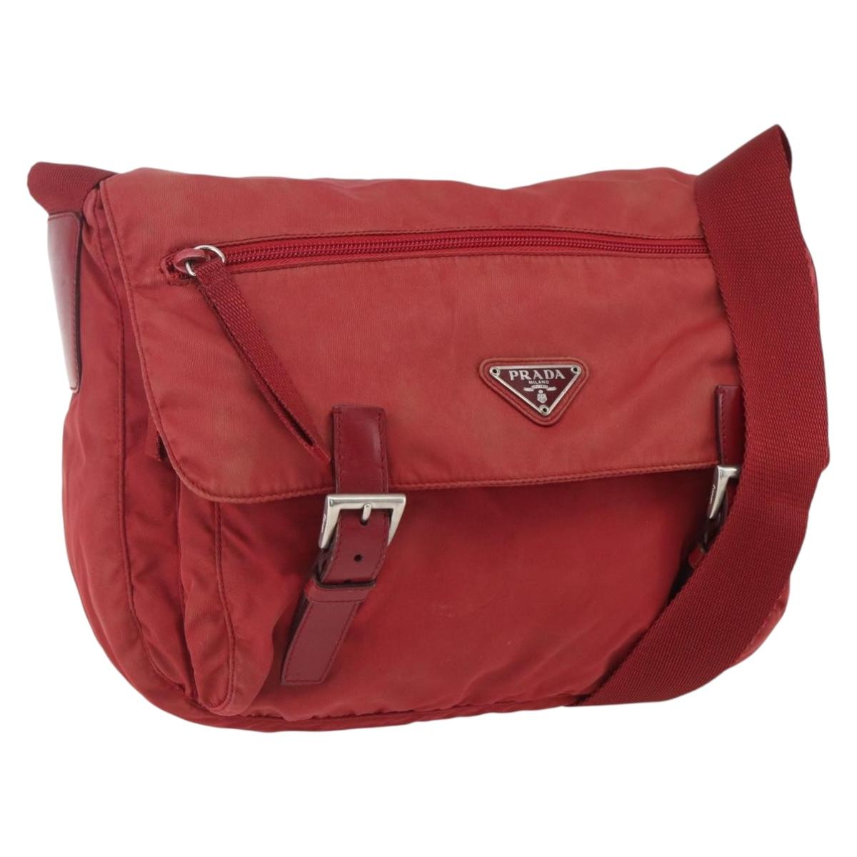 PRADA Shoulder Bag Nylon Red Silver Auth 160963