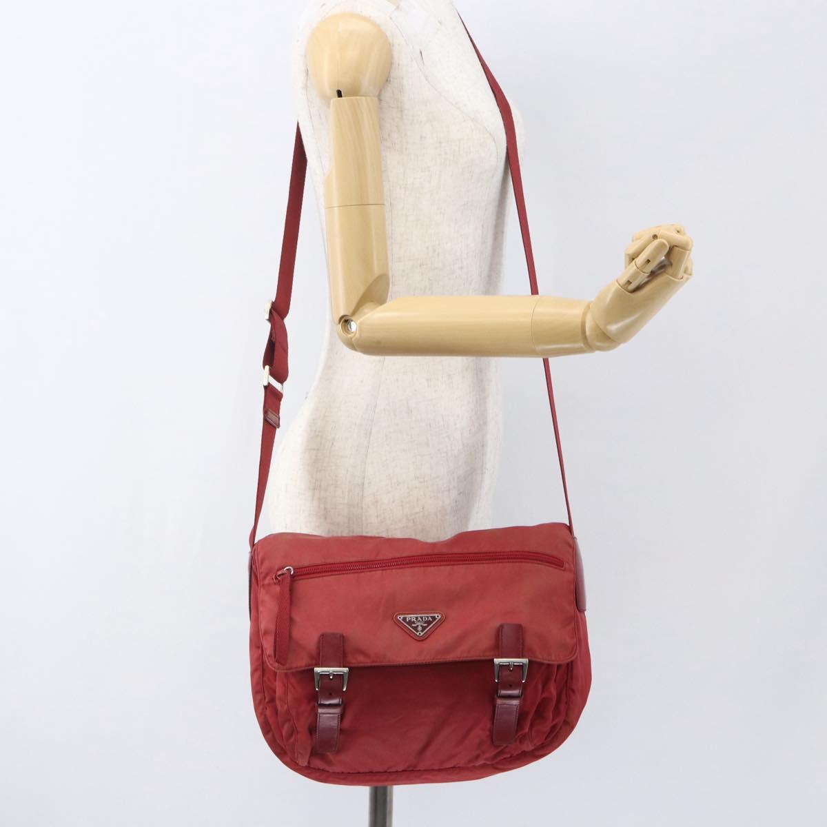 PRADA Shoulder Bag Nylon Red Silver Auth 160963