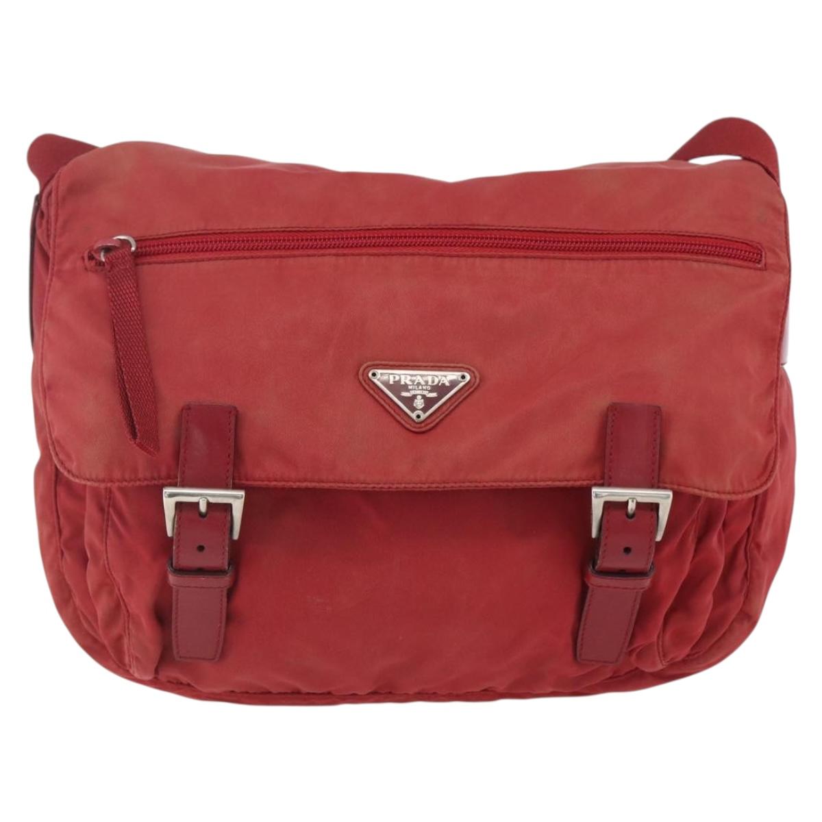 PRADA Shoulder Bag Nylon Red Silver Auth 160963