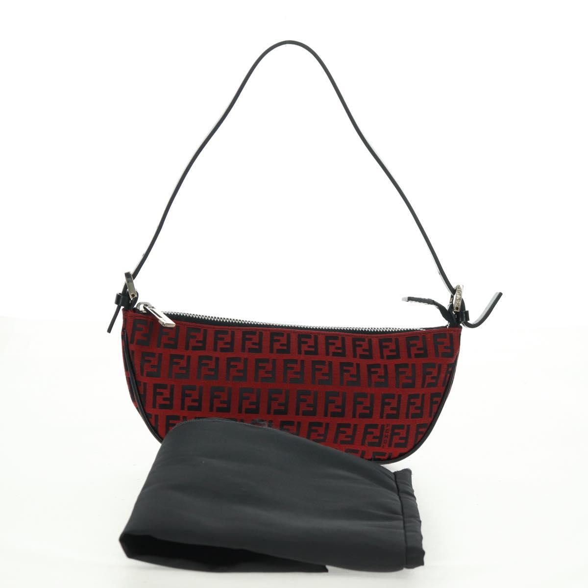 FENDI Zucchino Canvas Shoulder Bag Red Silver Auth 160964V