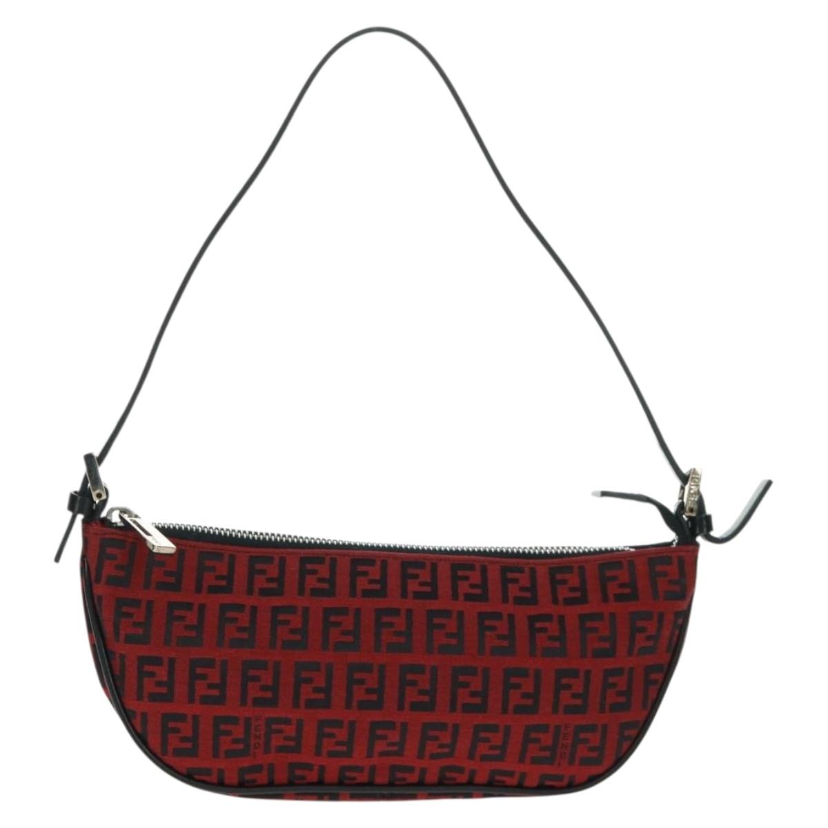 FENDI Zucchino Canvas Shoulder Bag Red Silver Auth 160964V