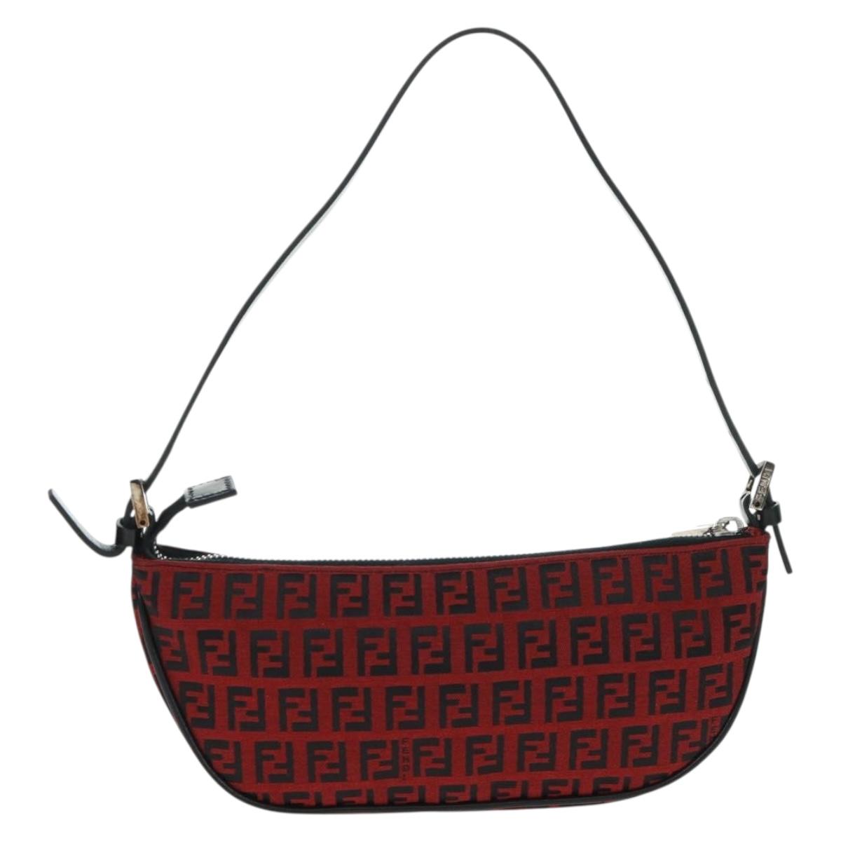 FENDI Zucchino Canvas Shoulder Bag Red Silver Auth 160964V