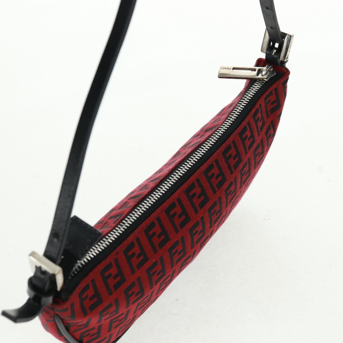 FENDI Zucchino Canvas Shoulder Bag Red Silver Auth 160964V