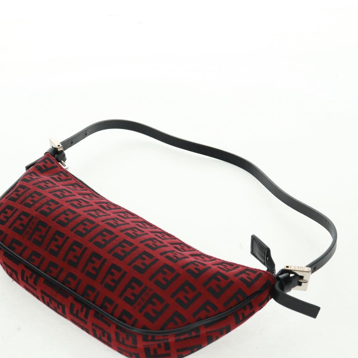 FENDI Zucchino Canvas Shoulder Bag Red Silver Auth 160964V
