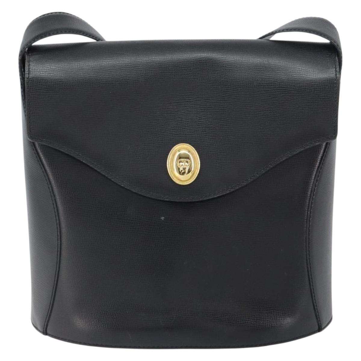 Christian Dior Shoulder Bag Leather Black Gold Auth 160970