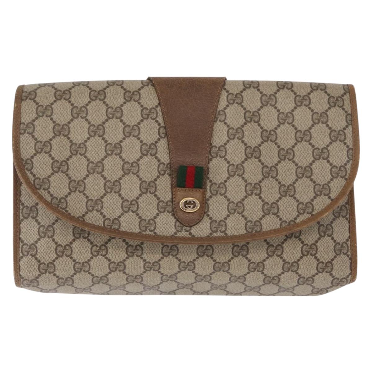 GUCCI GG Supreme Web Sherry Line Clutch Bag PVC Beige Gold 89 01 031 Auth 160983