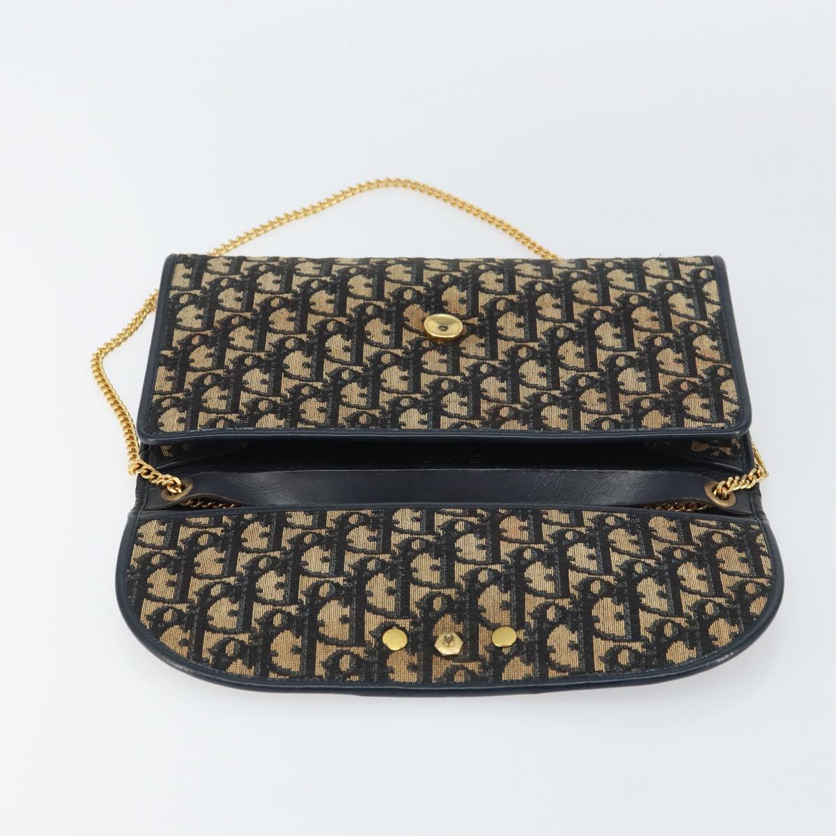Christian Dior Trotter Canvas Chain Shoulder Bag Navy Gold Auth 160991