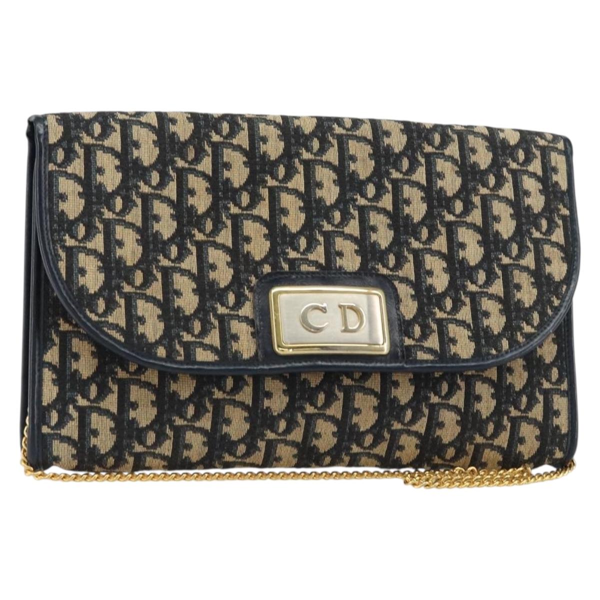 Christian Dior Trotter Canvas Chain Shoulder Bag Navy Gold Auth 160991