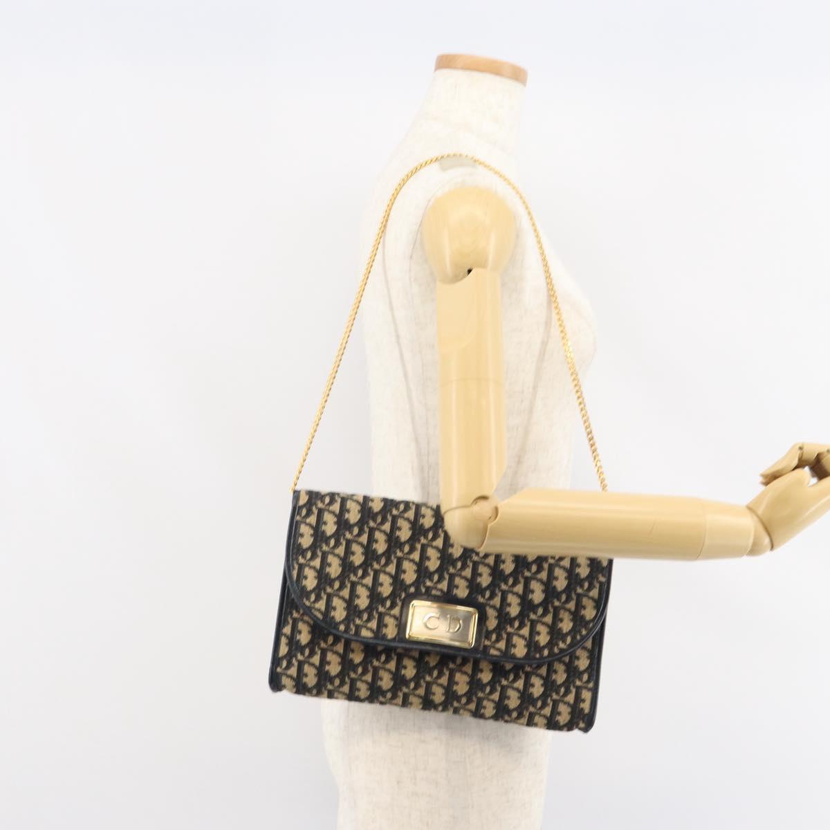 Christian Dior Trotter Canvas Chain Shoulder Bag Navy Gold Auth 160991