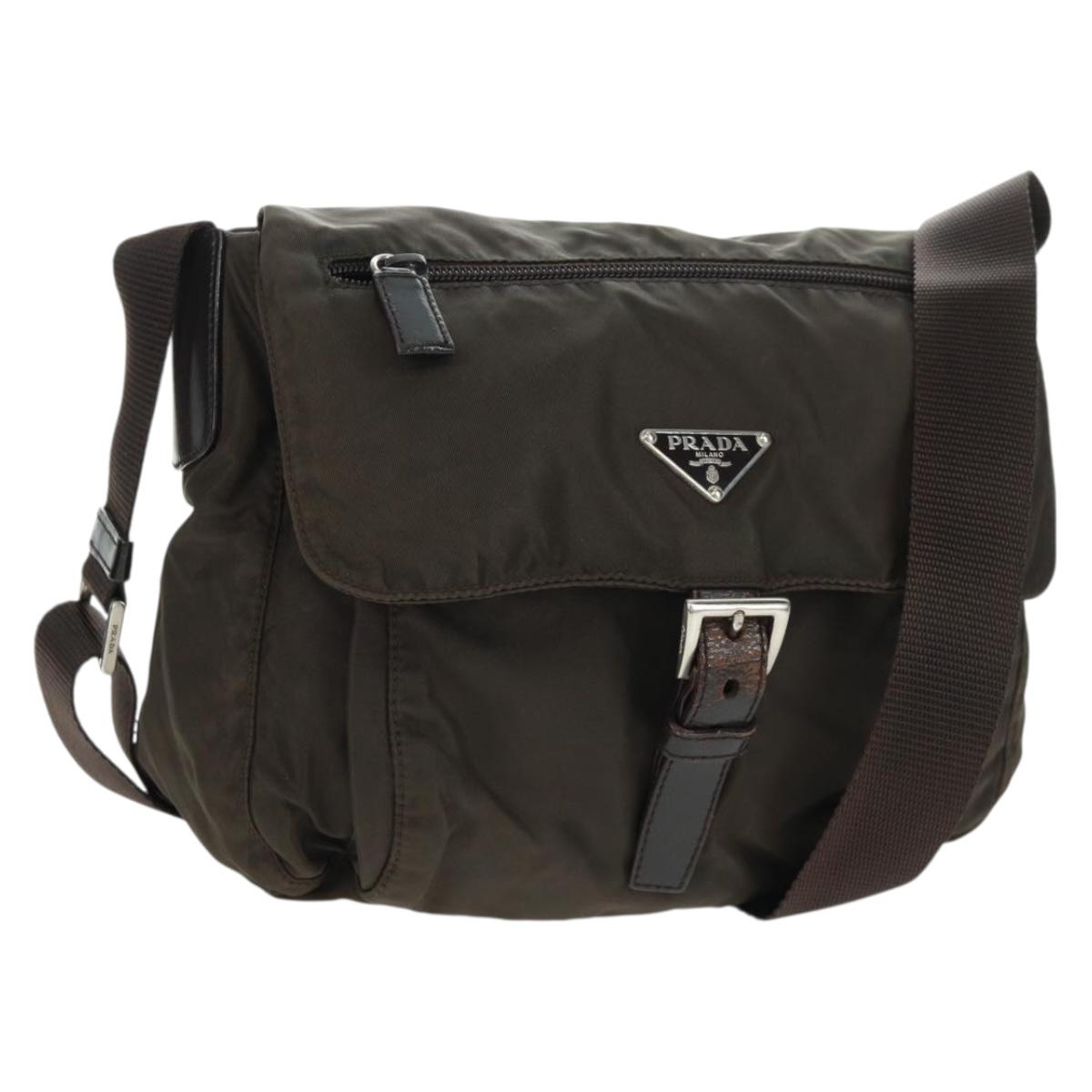 PRADA Shoulder Bag Nylon Khaki Silver Auth 160992