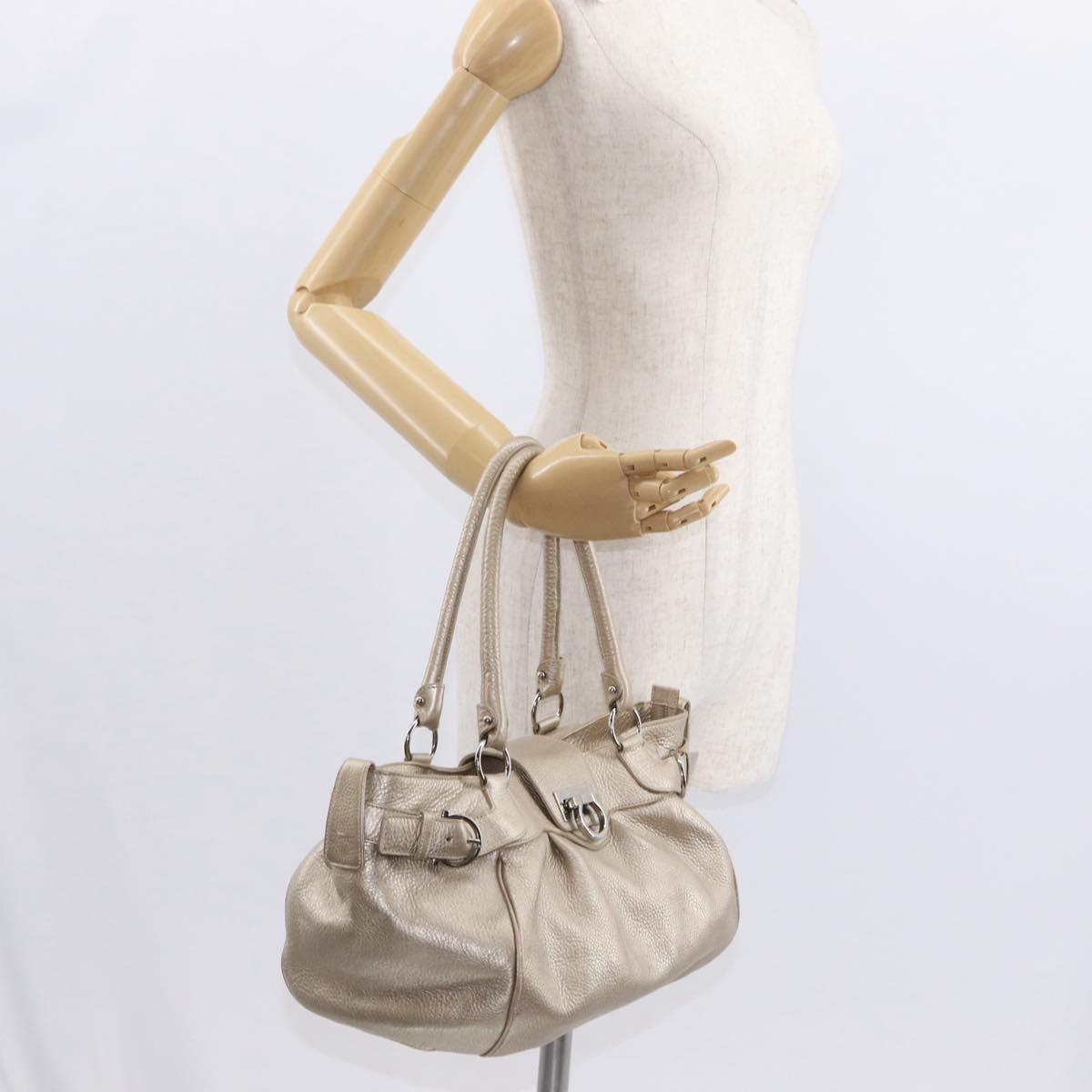 Salvatore Ferragamo Gancini Hand Bag Leather Champagne Gold Silver Auth 161013