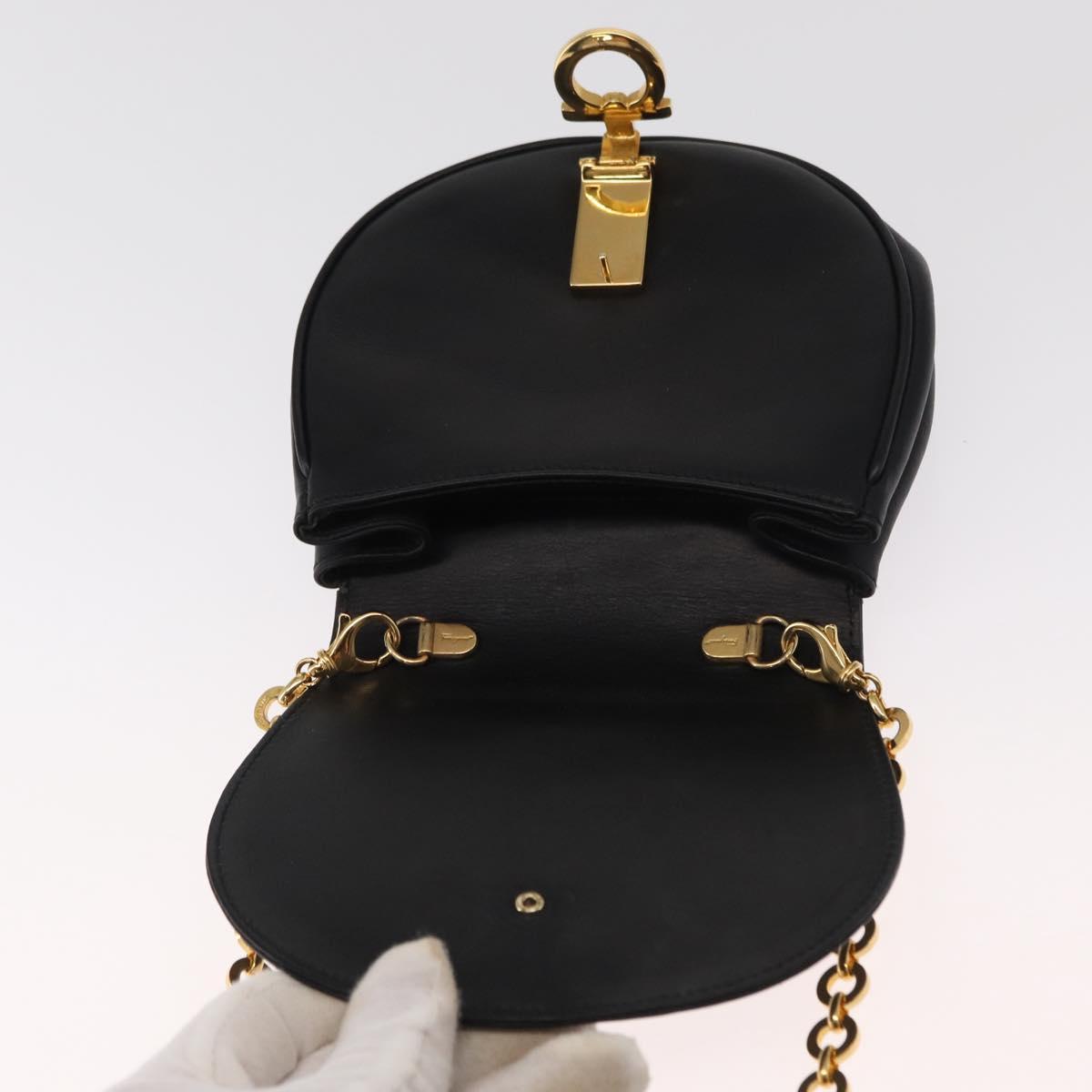 Salvatore Ferragamo Chain Gancini Shoulder Bag Leather Black Gold Auth 161032