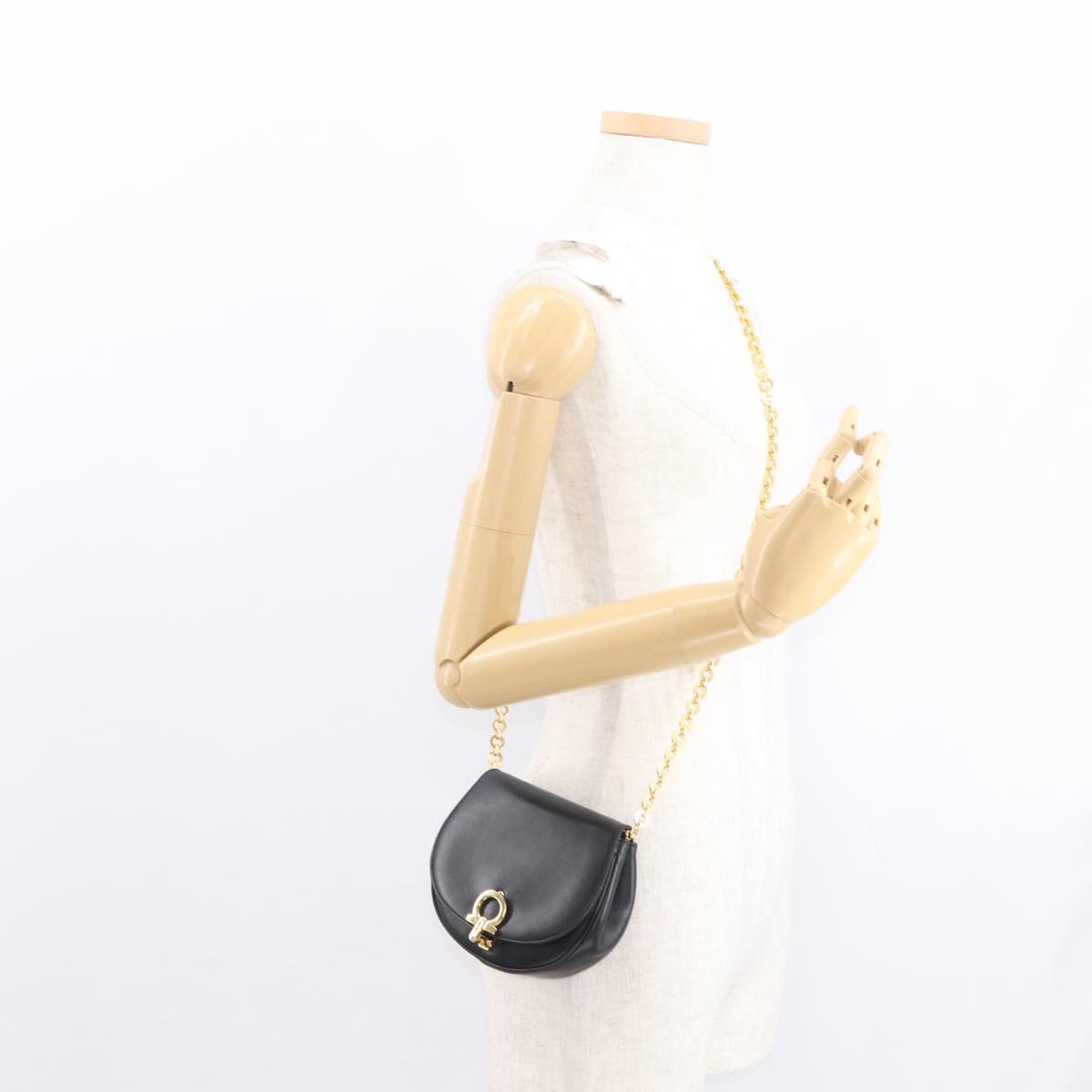 Salvatore Ferragamo Chain Gancini Shoulder Bag Leather Black Gold Auth 161032