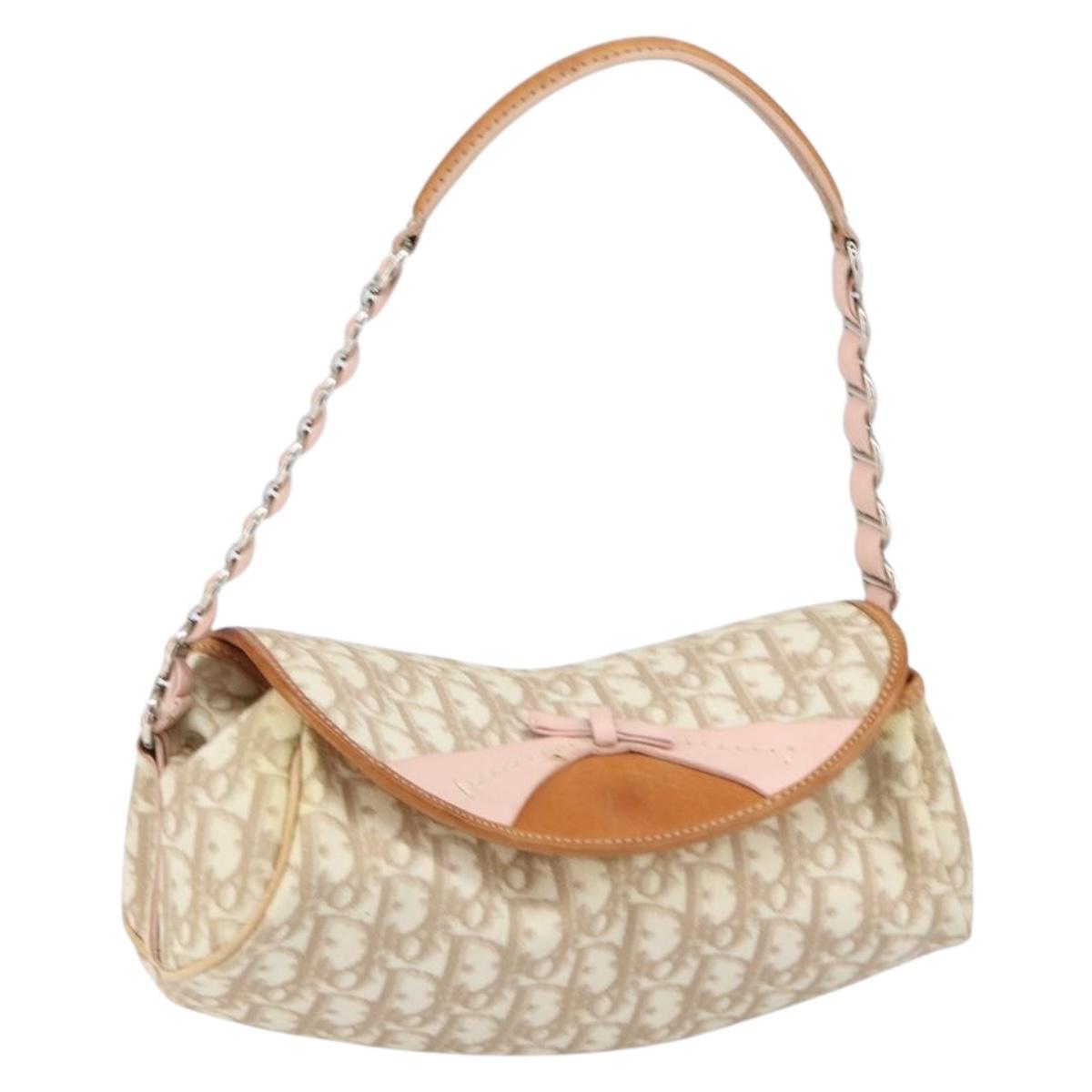 Christian Dior Trotter Canvas Romantic Bag PVC Beige Silver Auth 161033A