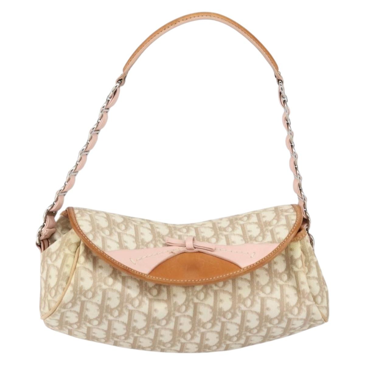 Christian Dior Trotter Canvas Romantic Bag PVC Beige Silver Auth 161033A