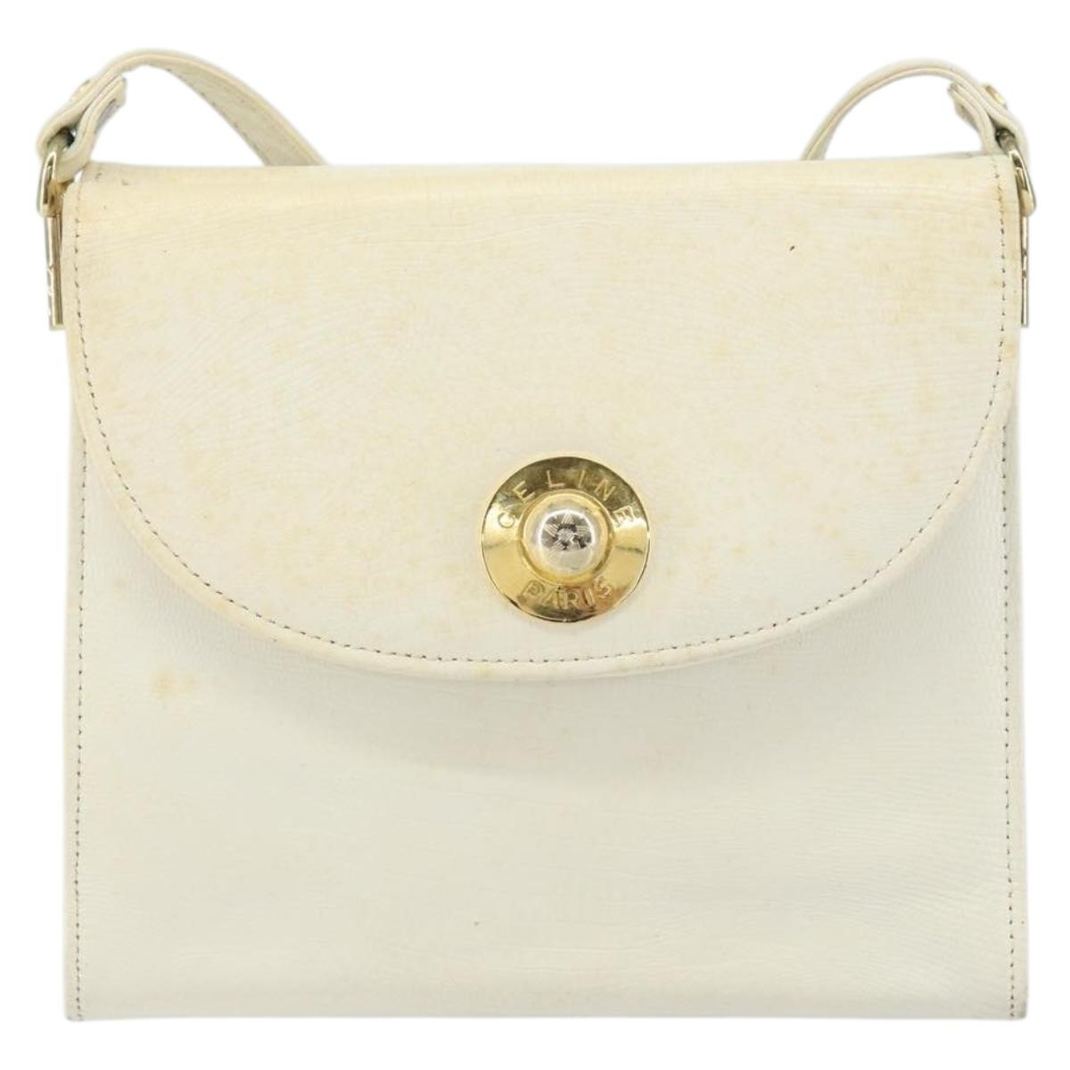 CELINE Shoulder Bag Leather White Gold Auth 161037