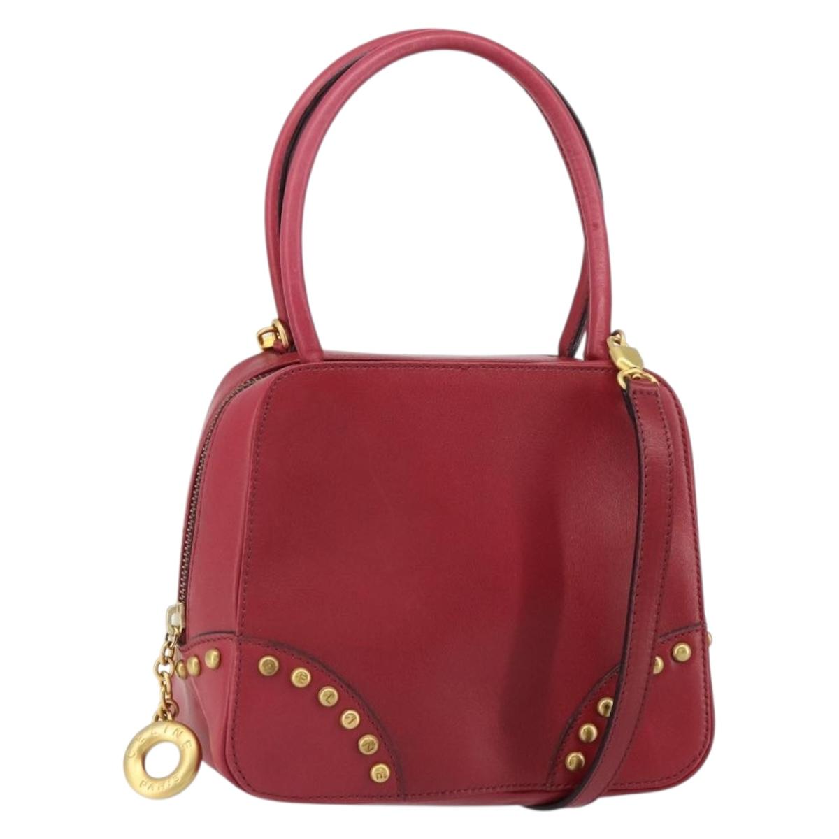 CELINE Circle Hand Bag Leather 2way Red Gold Auth 161046