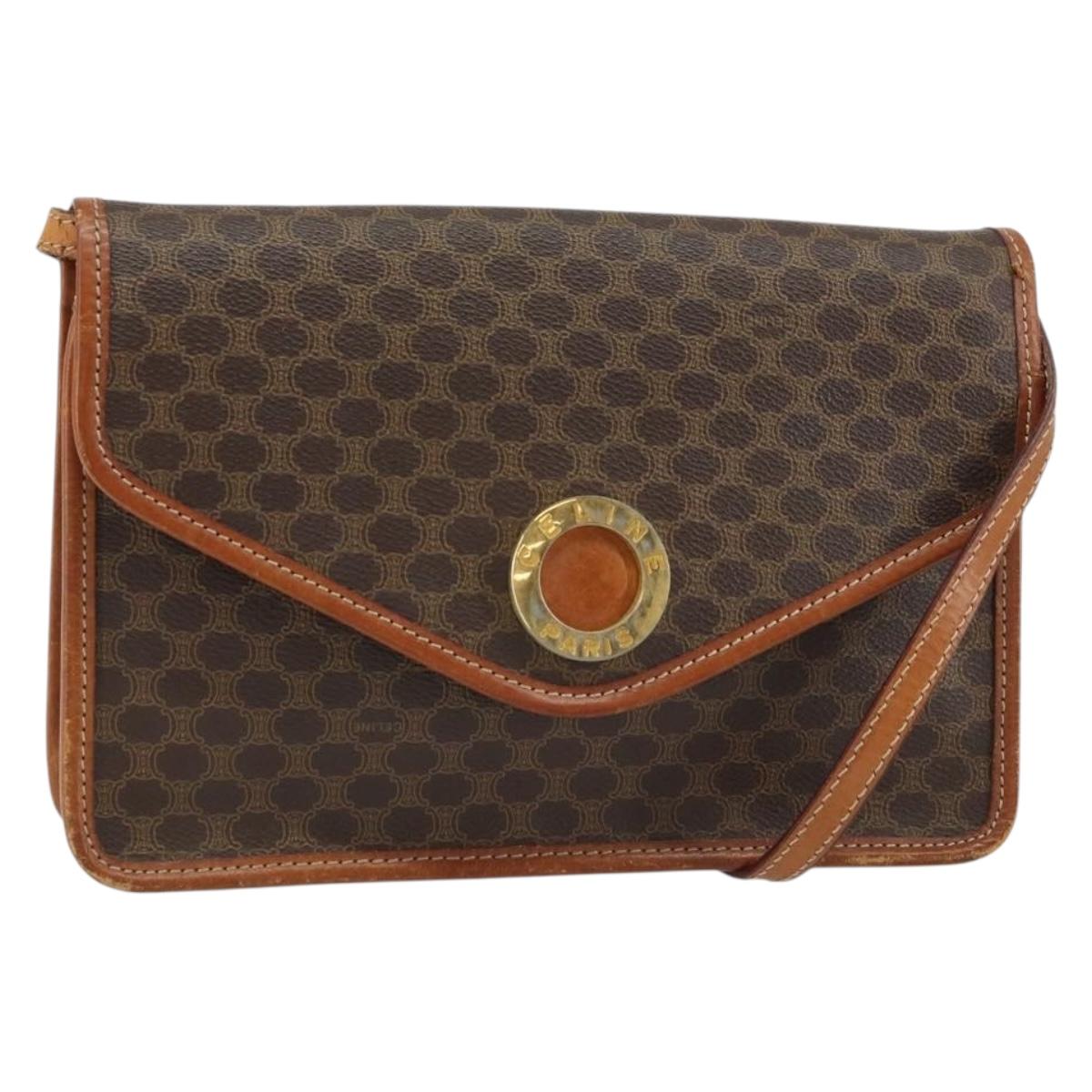 CELINE Macadam Canvas Circle Shoulder Bag PVC Leather Brown Gold Auth 161048