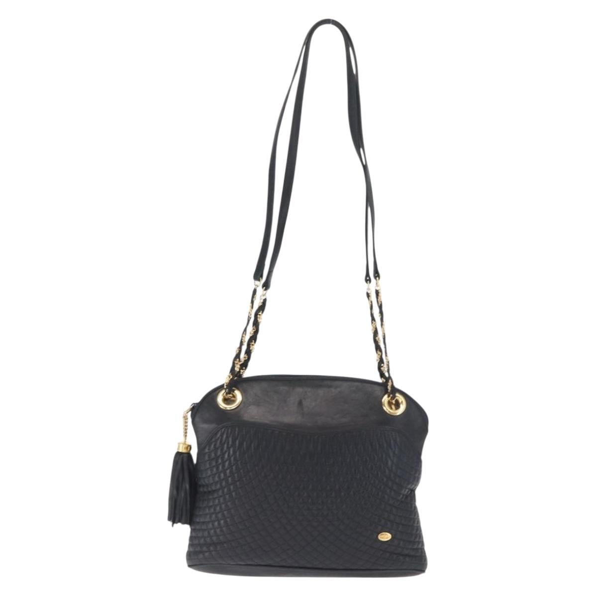 BALLY Chain Shoulder Bag Leather Navy Gold Auth 161052