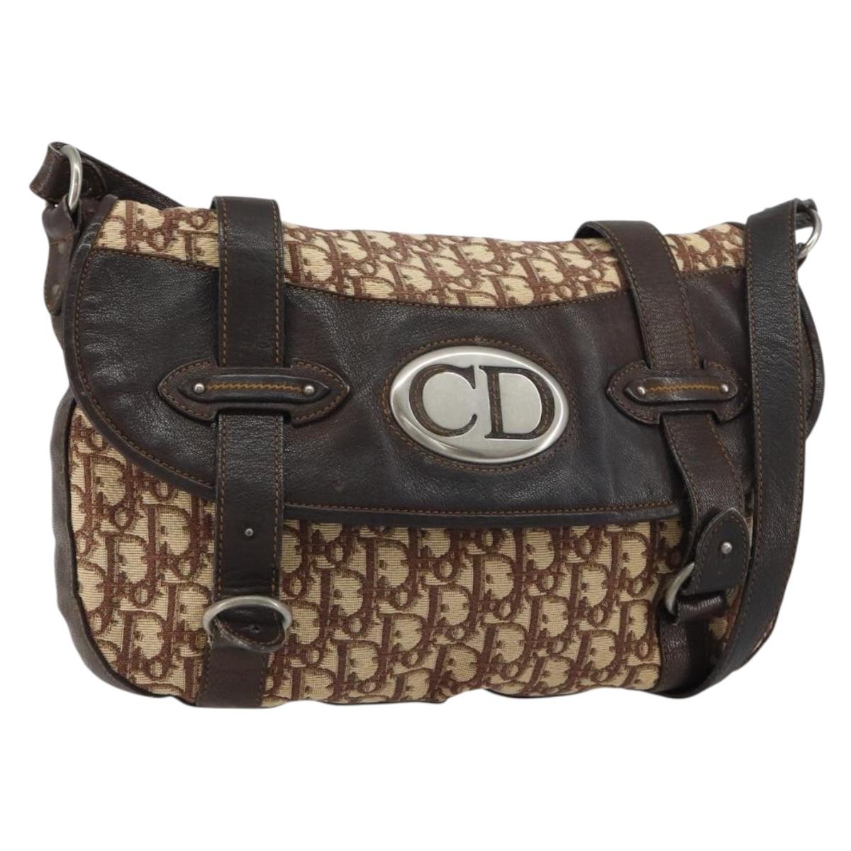 Christian Dior Trotter Canvas Shoulder Bag Brown Silver Auth 161057