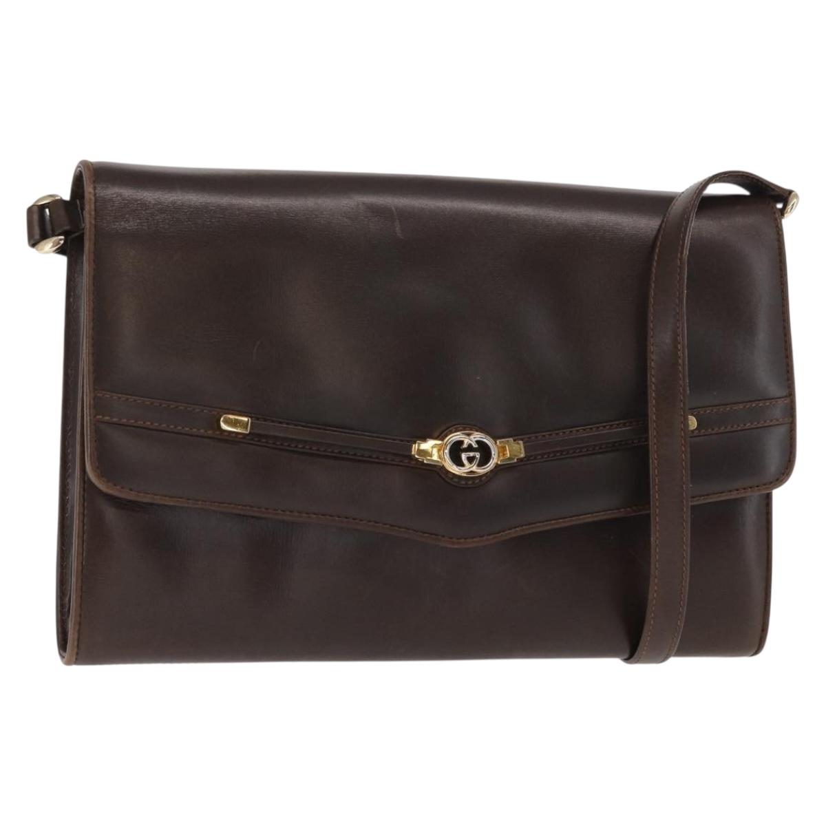 GUCCI Shoulder Bag Leather Dark Brown Gold 406 004 2008 Auth 161069