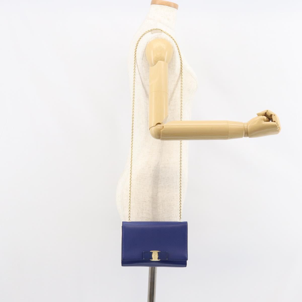 Salvatore Ferragamo Vala Chain Shoulder Bag Leather Blue Gold Auth 161081