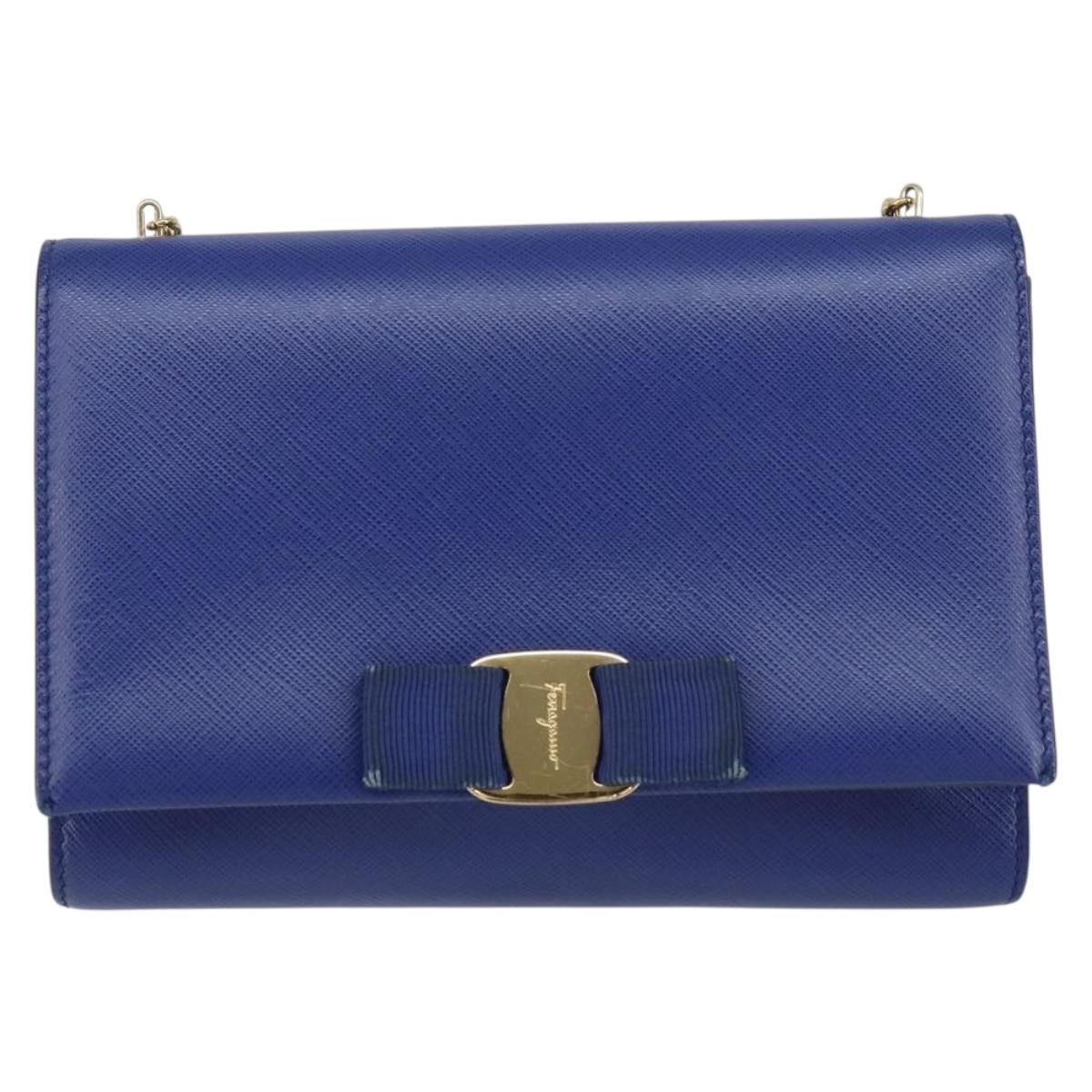 Salvatore Ferragamo Vala Chain Shoulder Bag Leather Blue Gold Auth 161081