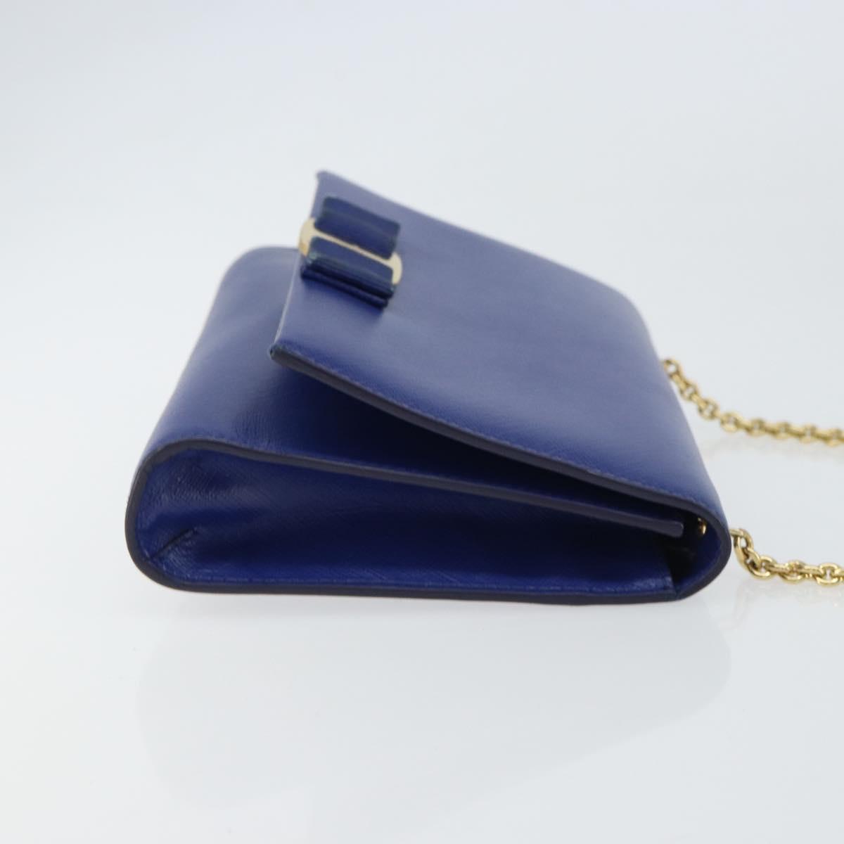 Salvatore Ferragamo Vala Chain Shoulder Bag Leather Blue Gold Auth 161081