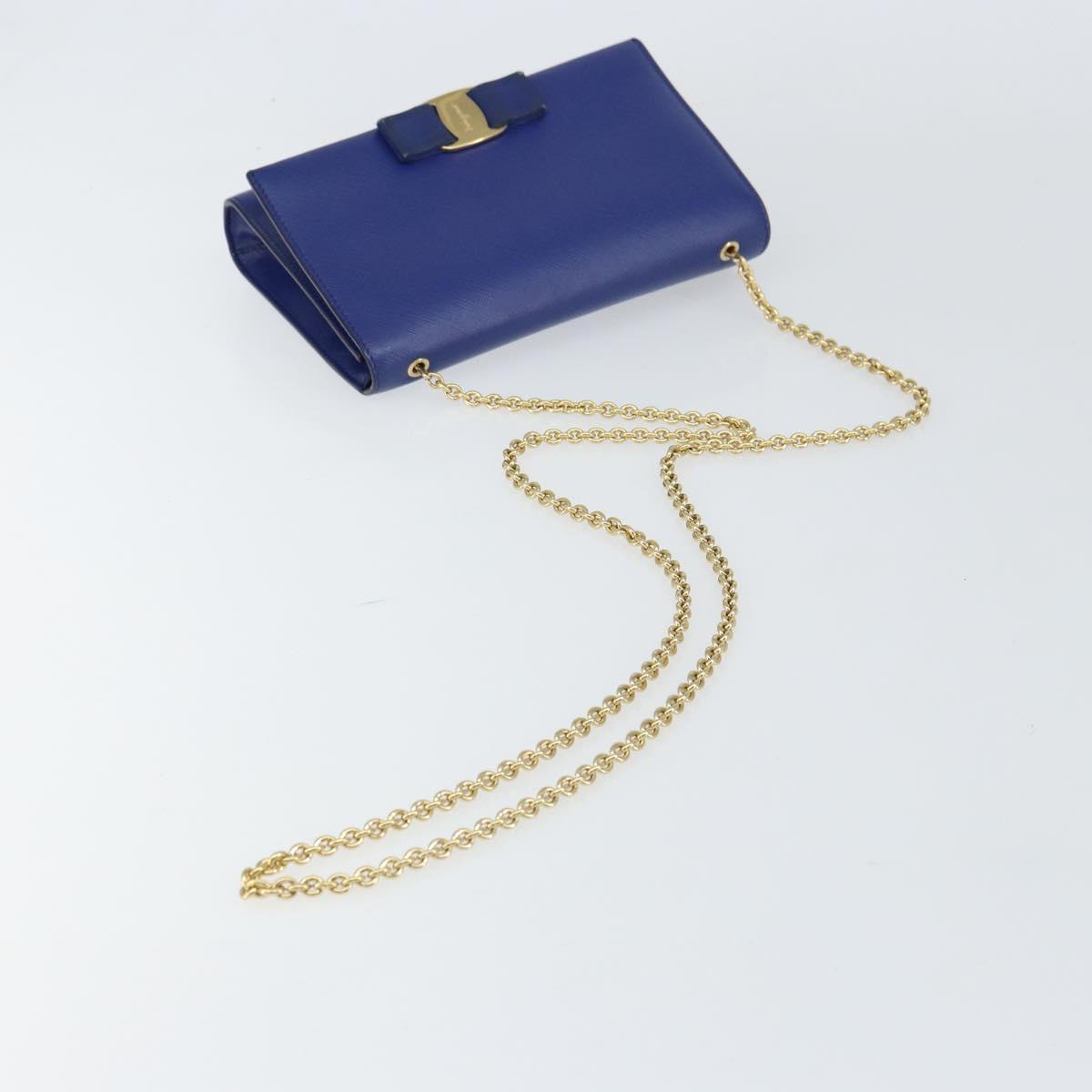 Salvatore Ferragamo Vala Chain Shoulder Bag Leather Blue Gold Auth 161081