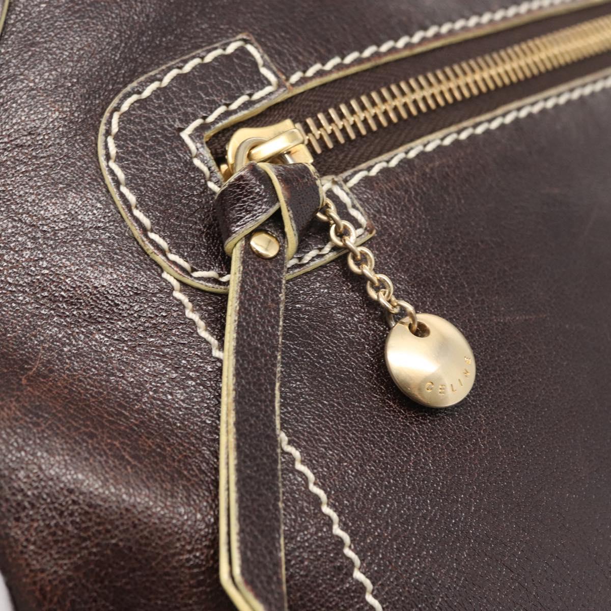 CELINE Shoulder Bag Leather Dark Brown Gold Auth 161102