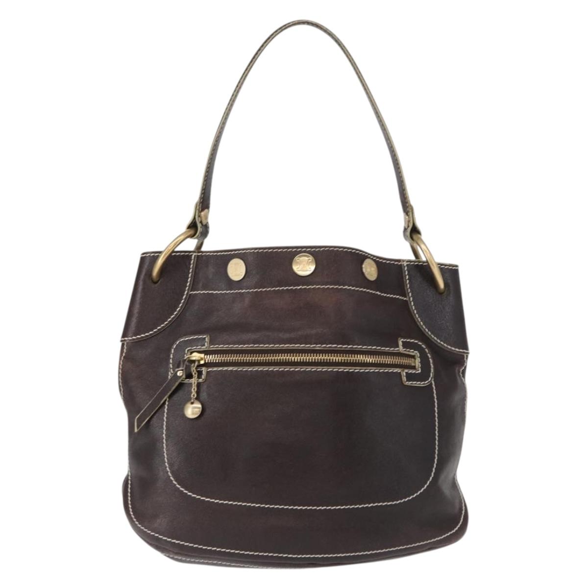 CELINE Shoulder Bag Leather Dark Brown Gold Auth 161102
