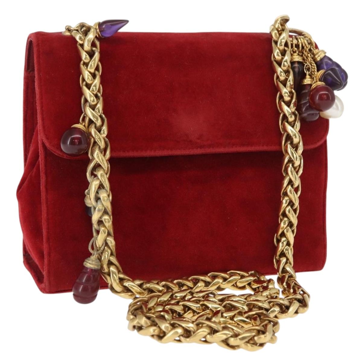 LOEWE Shoulder Bag Velor Red Gold Auth 161108