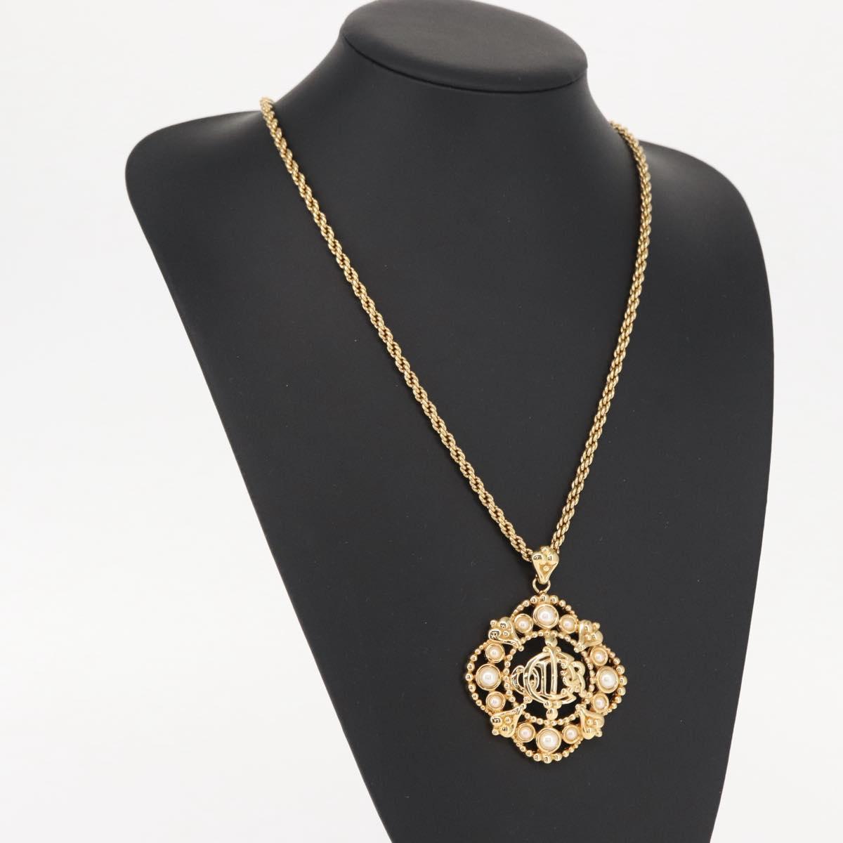 Christian Dior Pearl Emblem Necklace metal Gold Tone Auth 161155V