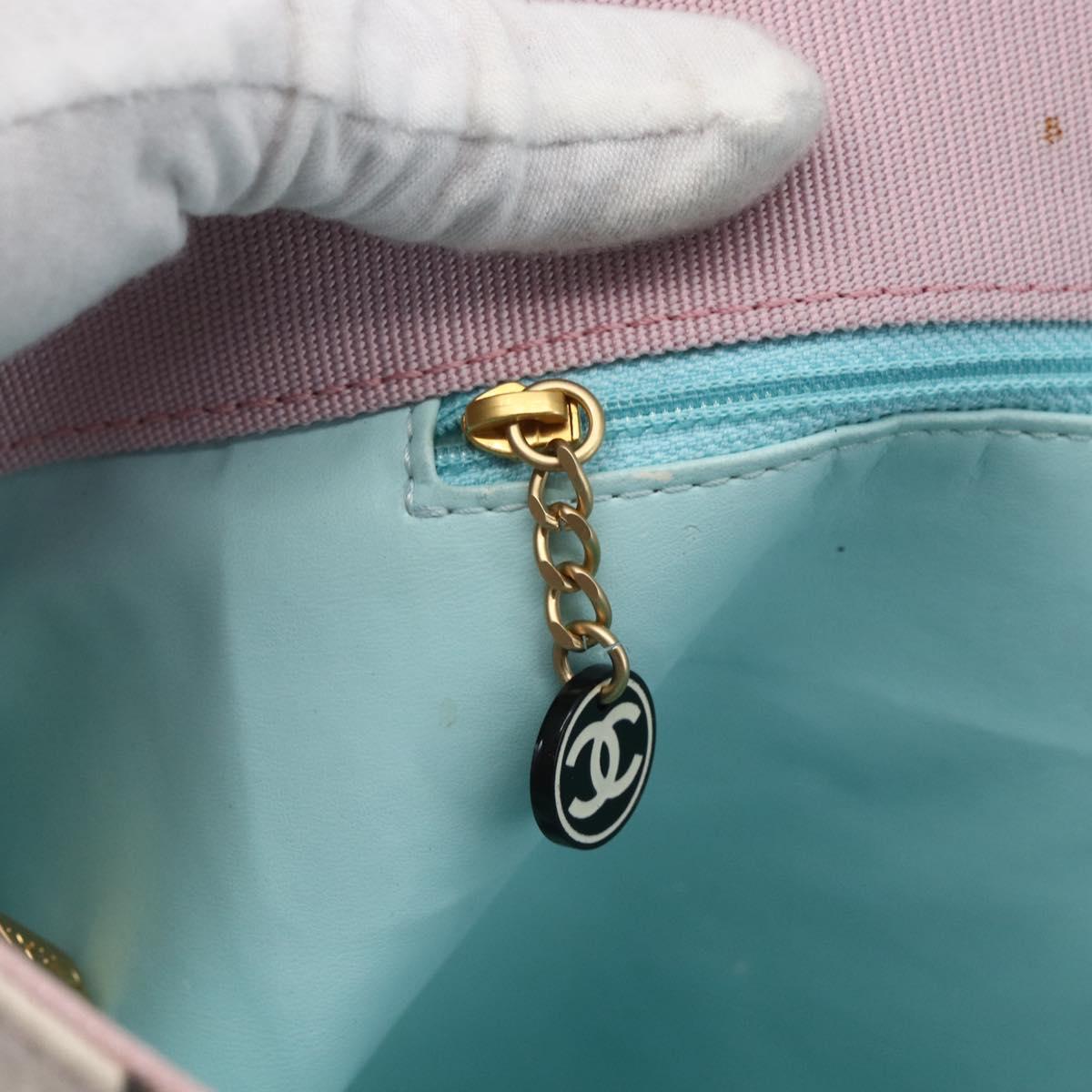 CHANEL Choco Bar Tote Bag Canvas Pink Gold CC Auth 161158