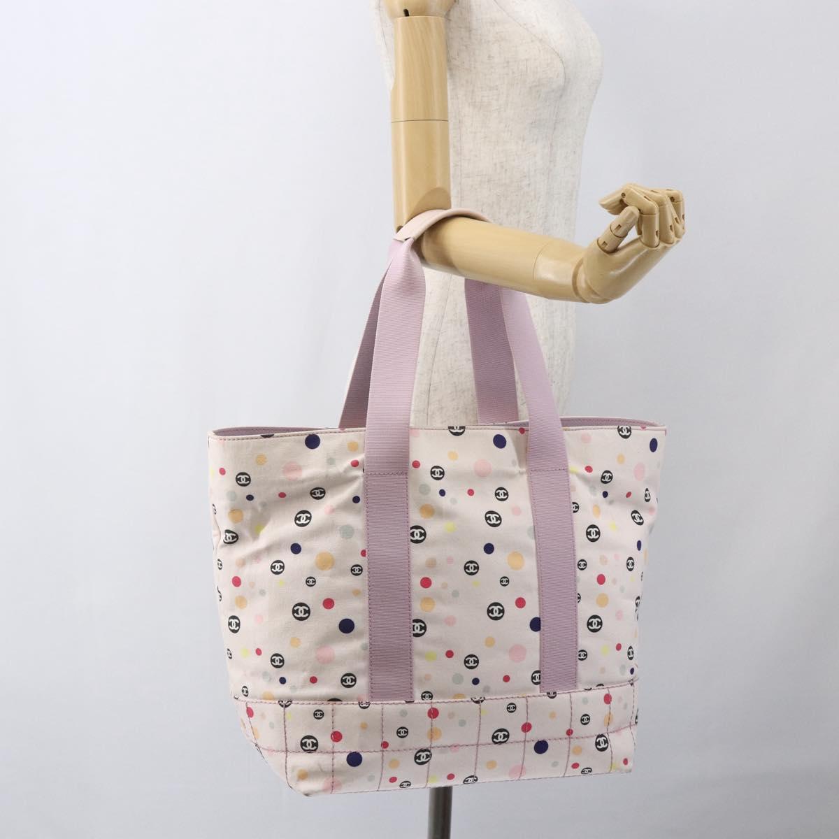 CHANEL Choco Bar Tote Bag Canvas Pink Gold CC Auth 161158