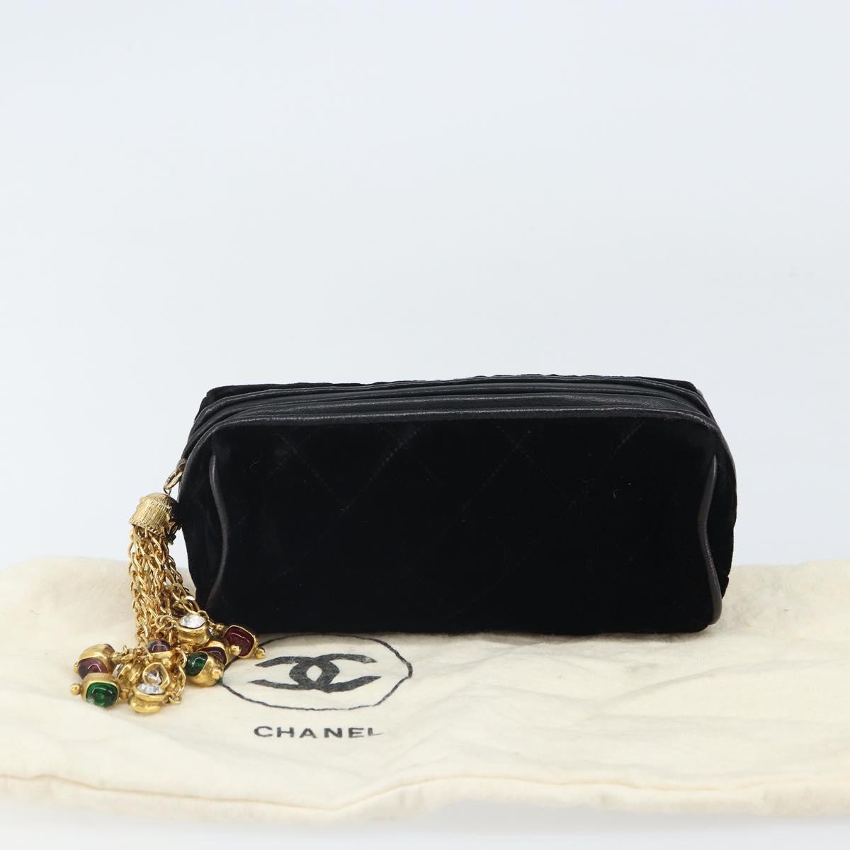 CHANEL Matelasse Pouch Velor Black Gold CC Auth 161194V