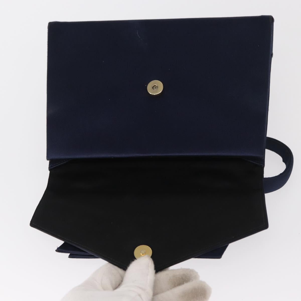 Christian Dior Hand Bag Satin Navy Gold Auth 161195