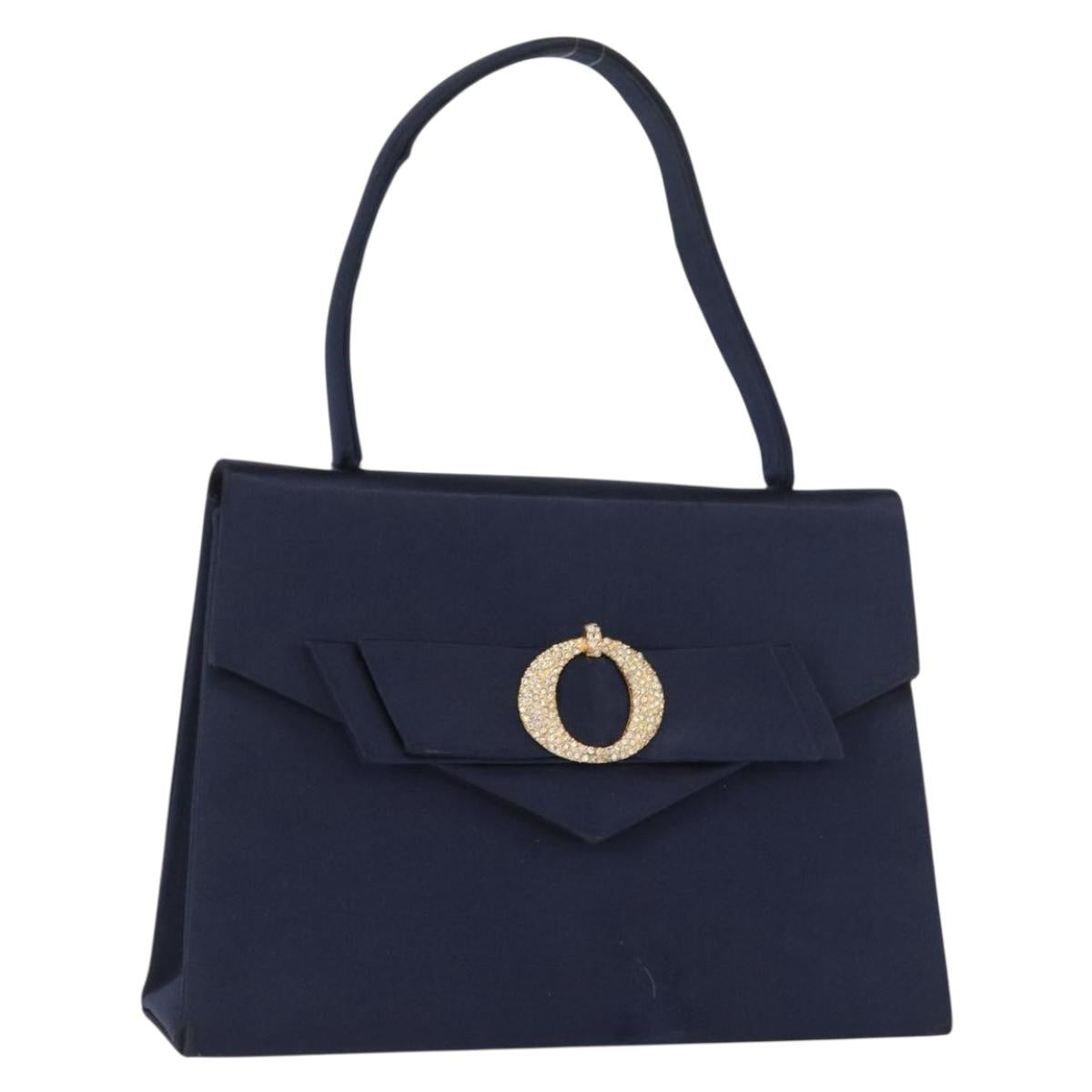 Christian Dior Hand Bag Satin Navy Gold Auth 161195