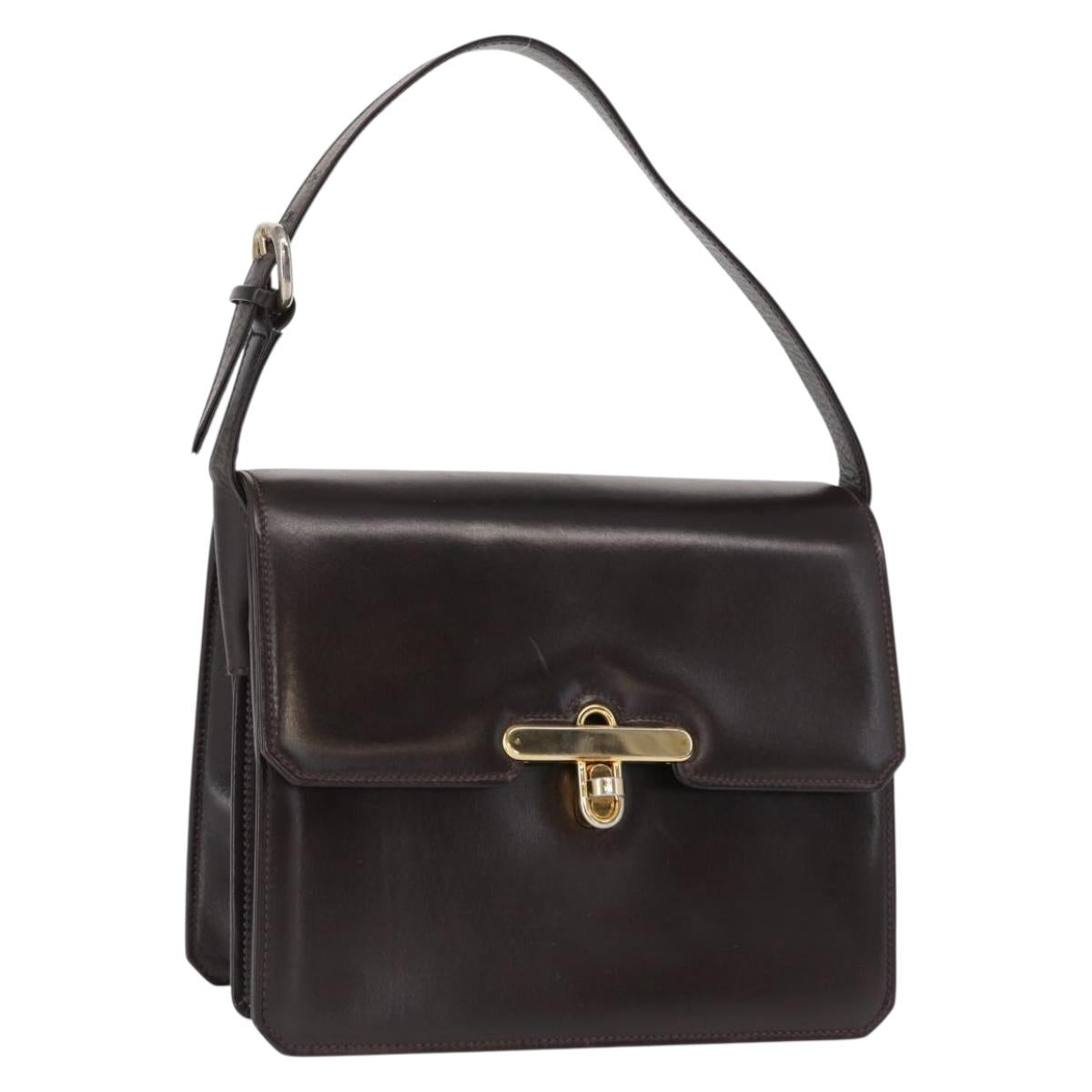 GUCCI Hand Bag Leather Dark Brown Gold Auth 161217