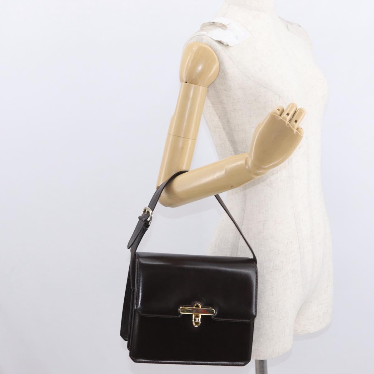 GUCCI Hand Bag Leather Dark Brown Gold Auth 161217