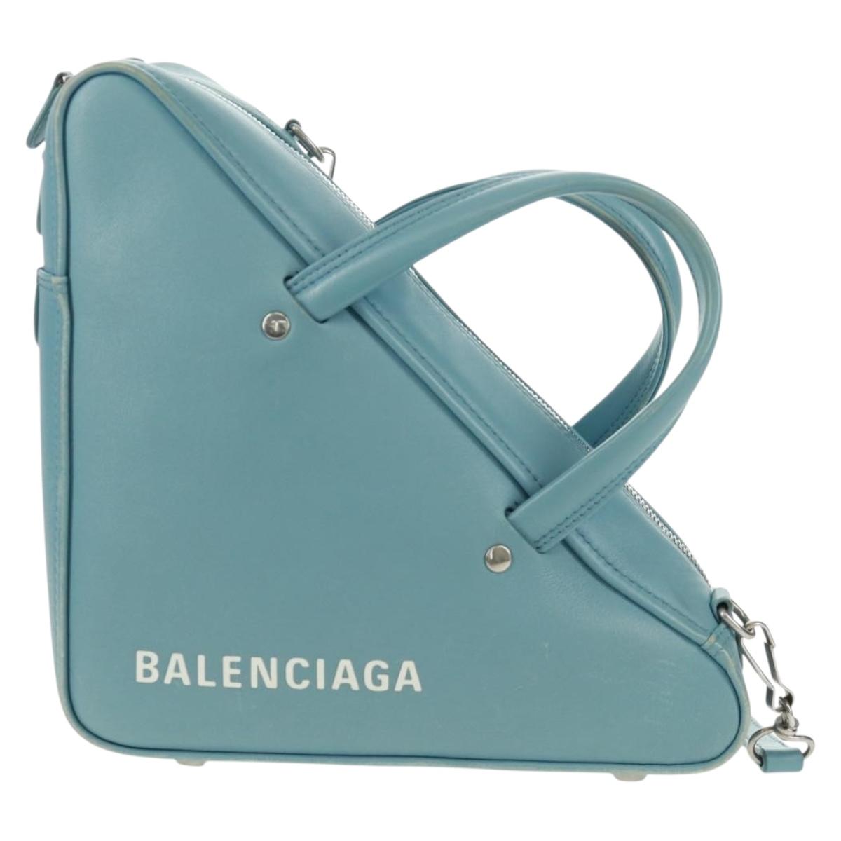 BALENCIAGA Triangle S Hand Bag Leather 2way Light Blue Silver 476975 Auth 161230