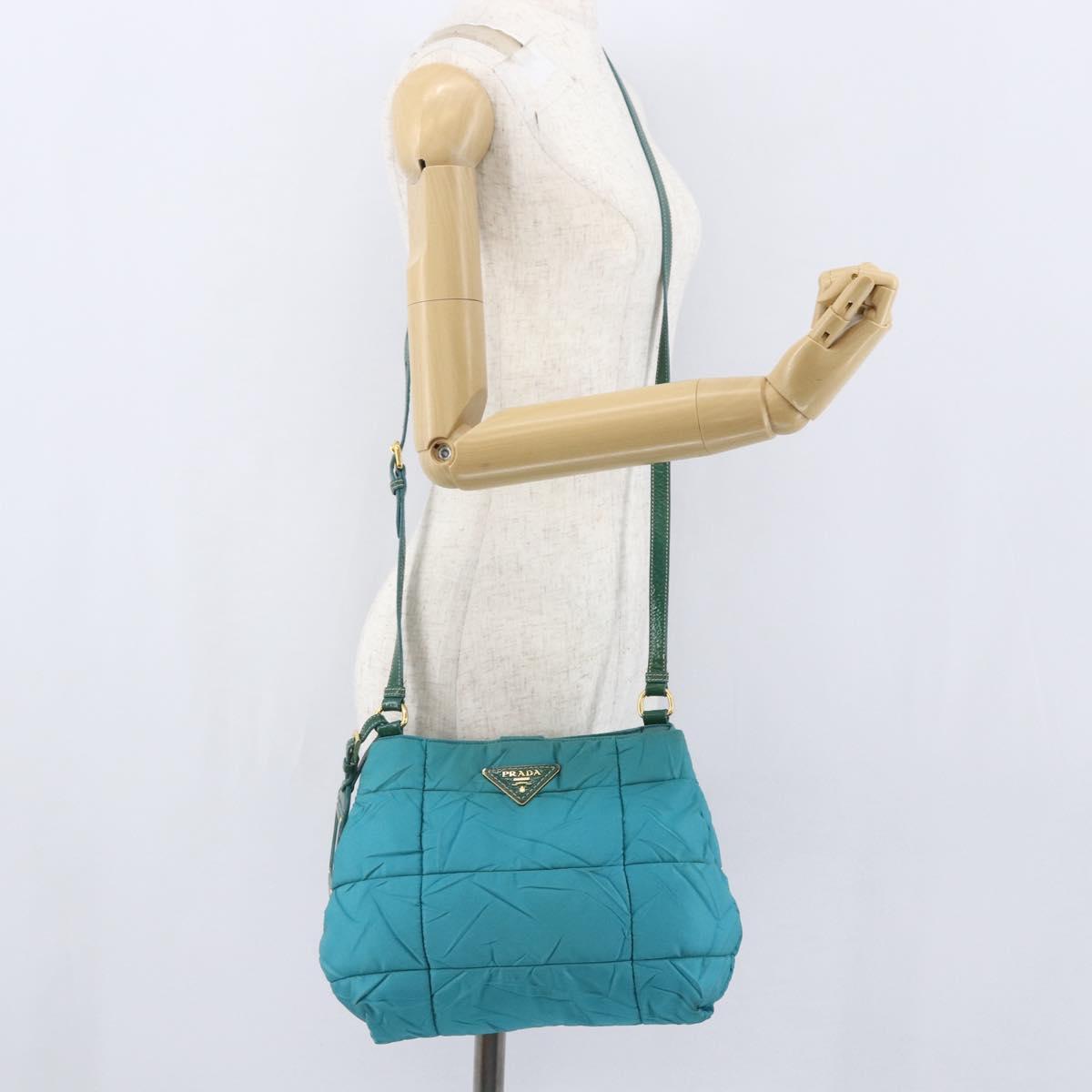 PRADA Shoulder Bag Nylon Turquoise Blue Gold Auth 161283