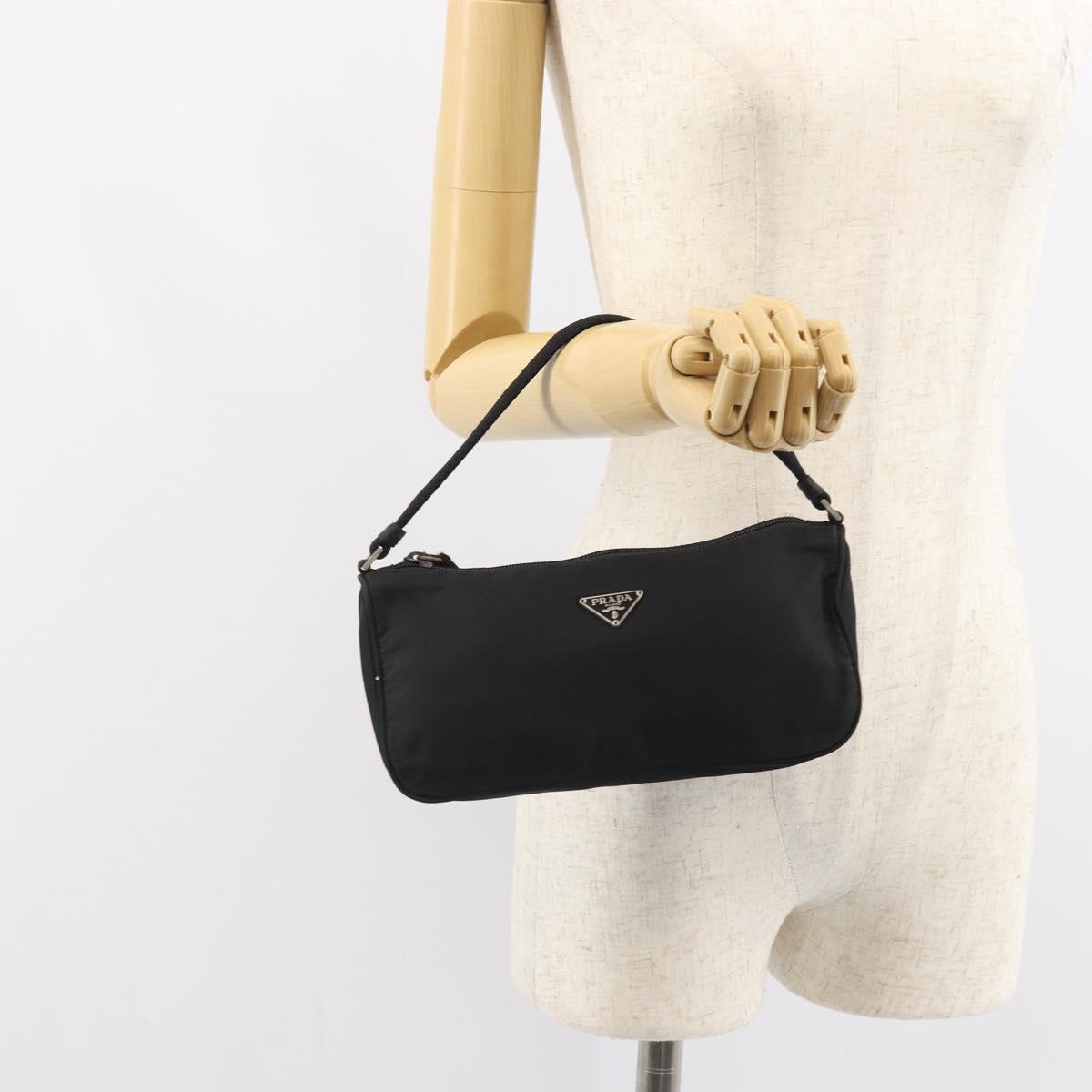 PRADA Hand Pouch Nylon Black Silver Auth 161300