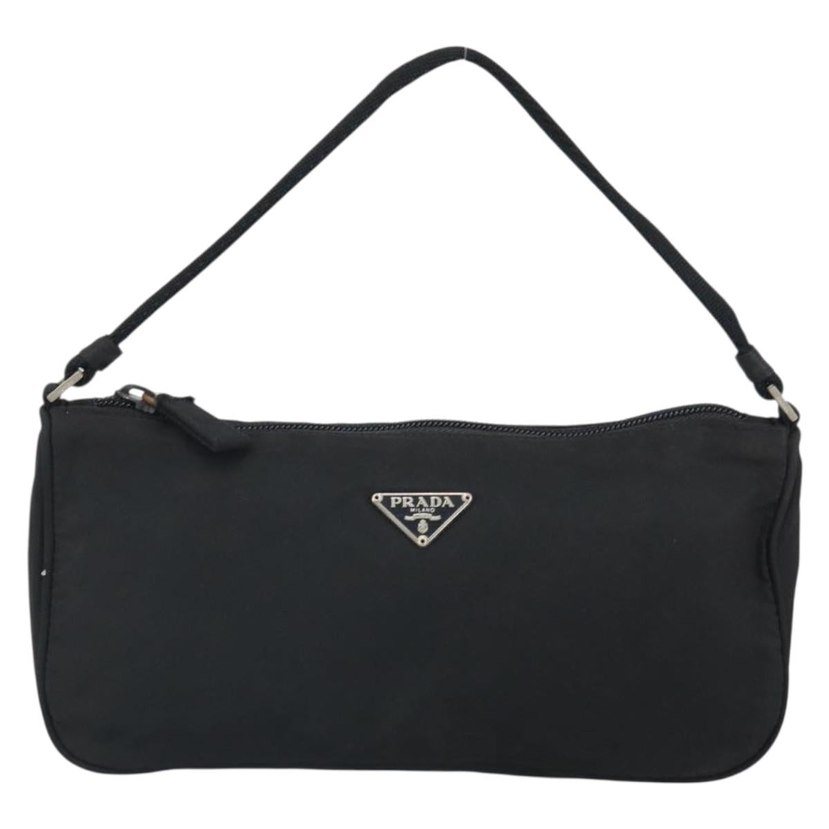 PRADA Hand Pouch Nylon Black Silver Auth 161300