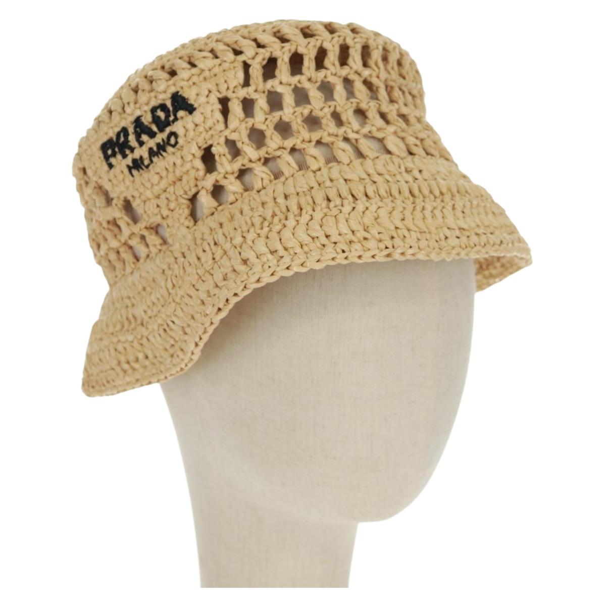 PRADA Bucket Hat Raffia S Beige Auth 161326M