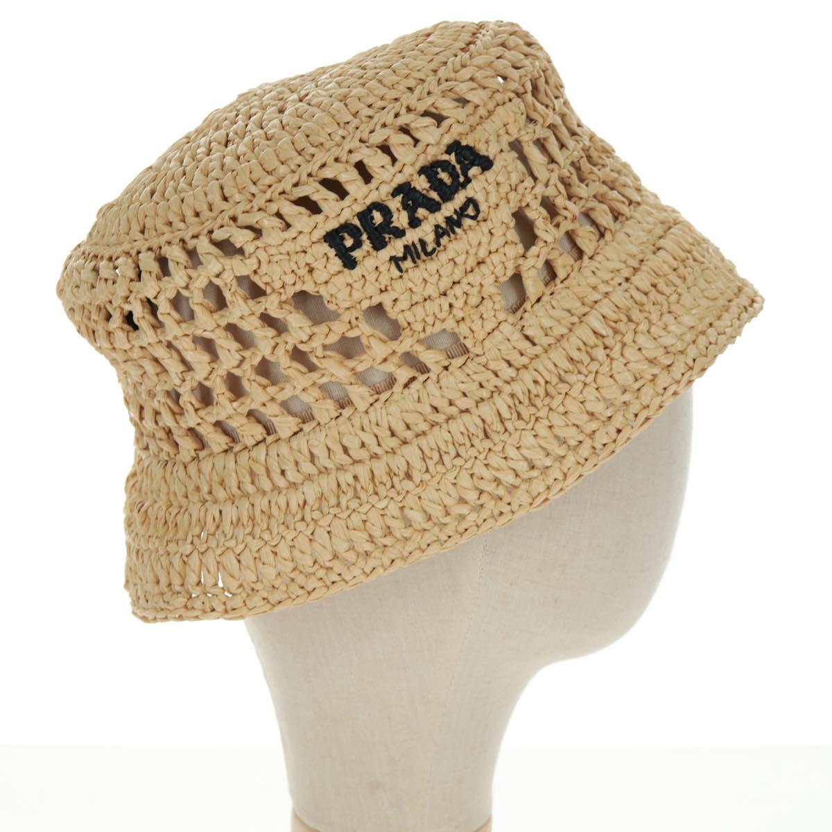 PRADA Bucket Hat Raffia S Beige Auth 161326M